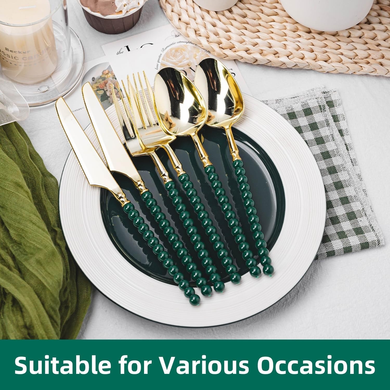 150 Pcs Gold Plastic Cutlery Set | Fancy Disposable Utensils with Green Beads, 54