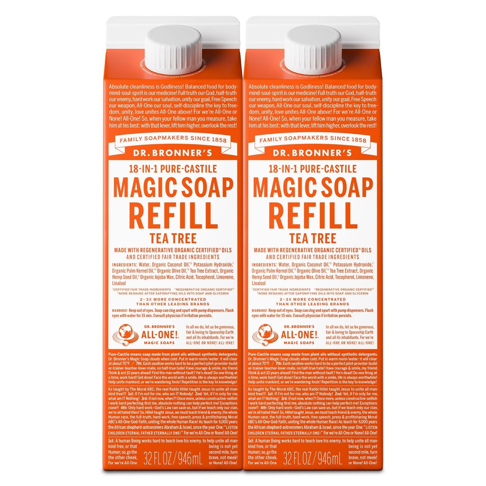 Pure Castile Liquid Soap Refill - Tea Tree, 32oz 2-Pack, Organic, Vegan, Multi-U1