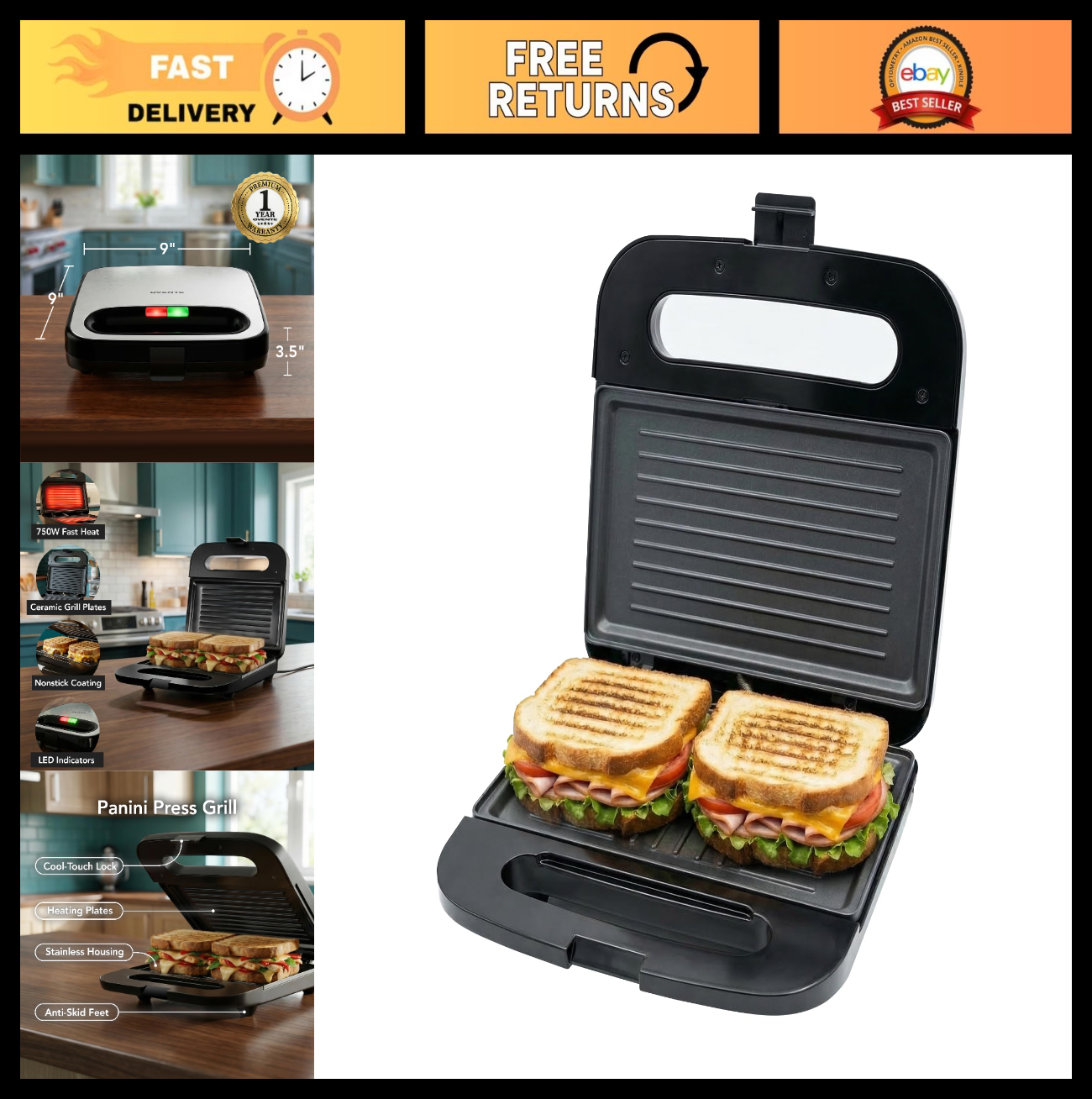 Compact Electric Panini Press Grill - Nonstick Plates, Thermostat Control, LED I0