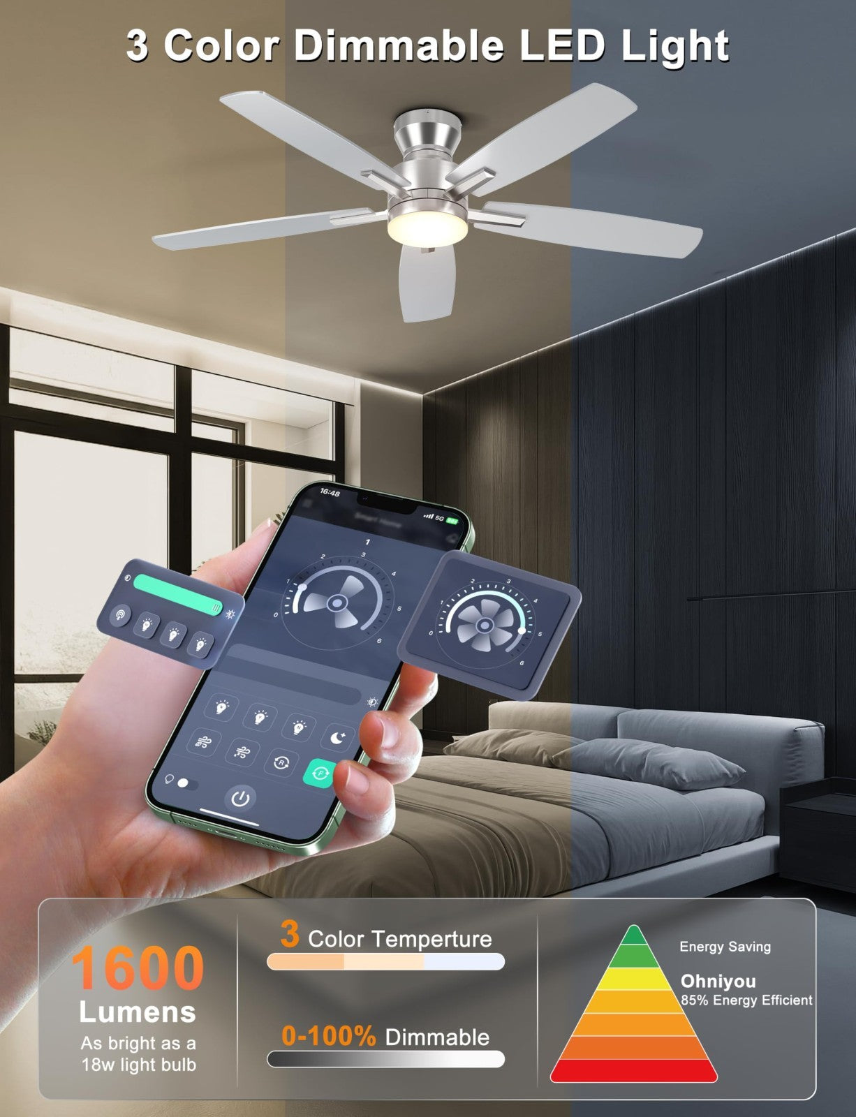 52" Silver Low Profile Ceiling Fan with Lights, Remote/APP Control, Dimmable LED3