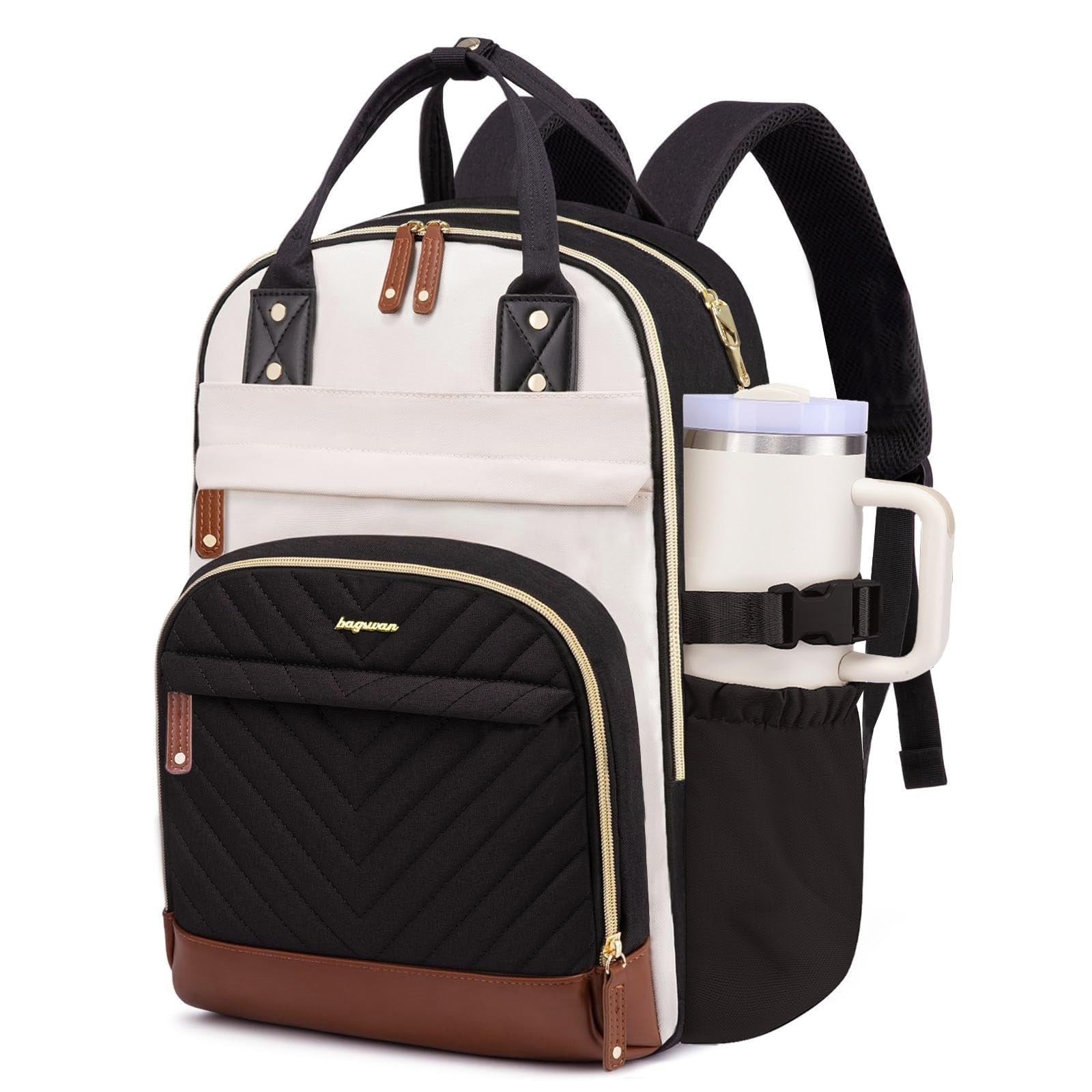 Stylish Laptop Backpack for Women   15.6" College Bookbag with Large Tumbler Poc1