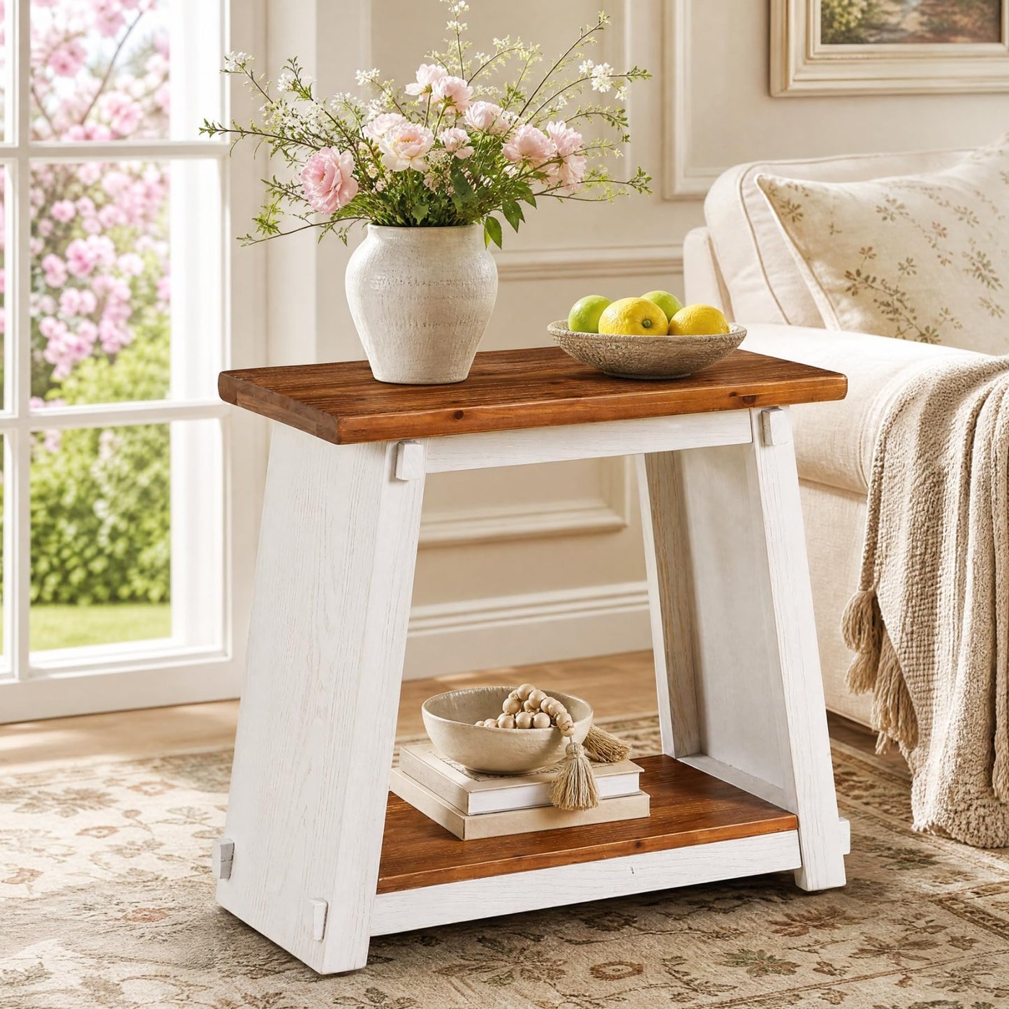 Set of 2 Solid Wood End Tables - 2 Tier Rectangle Side Tables with Shelf, Rustic3