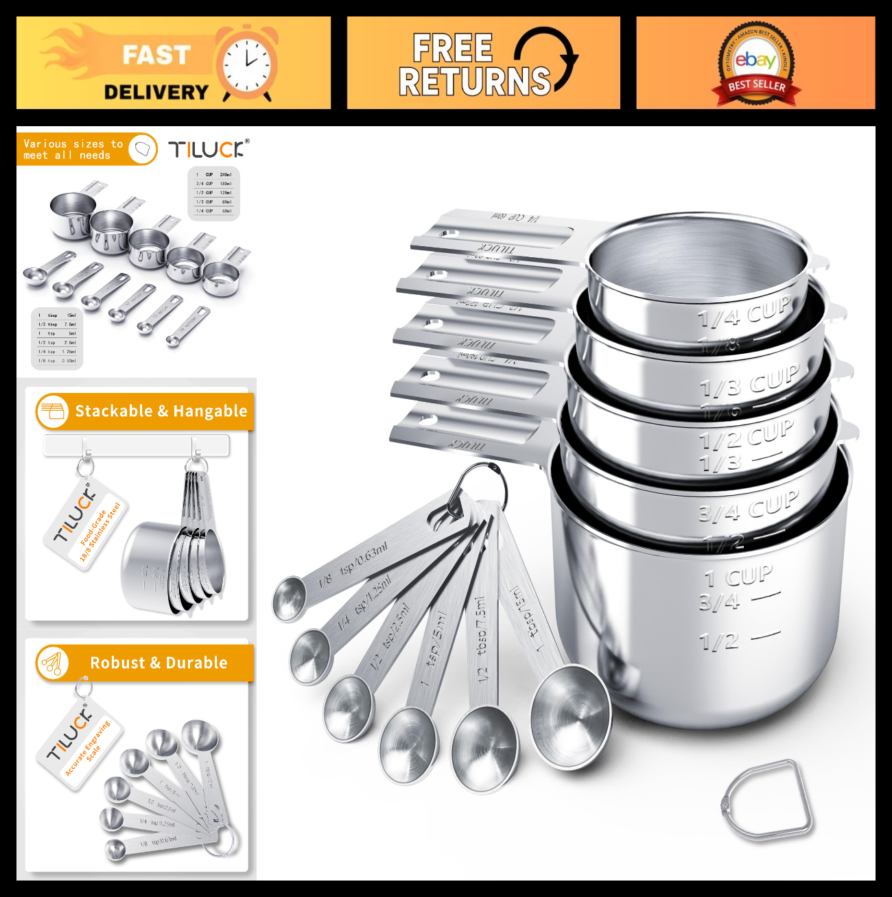 Stainless Steel Measuring Cups & Spoons Set   Nesting Kitchen Gadgets for Cookin0
