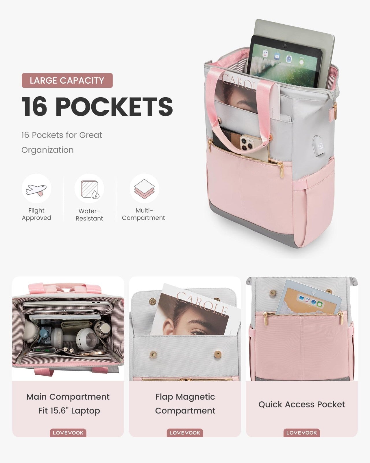 Stylish 15.6" Laptop Backpack for Women, Waterproof Travel Bag with USB Port, Or2