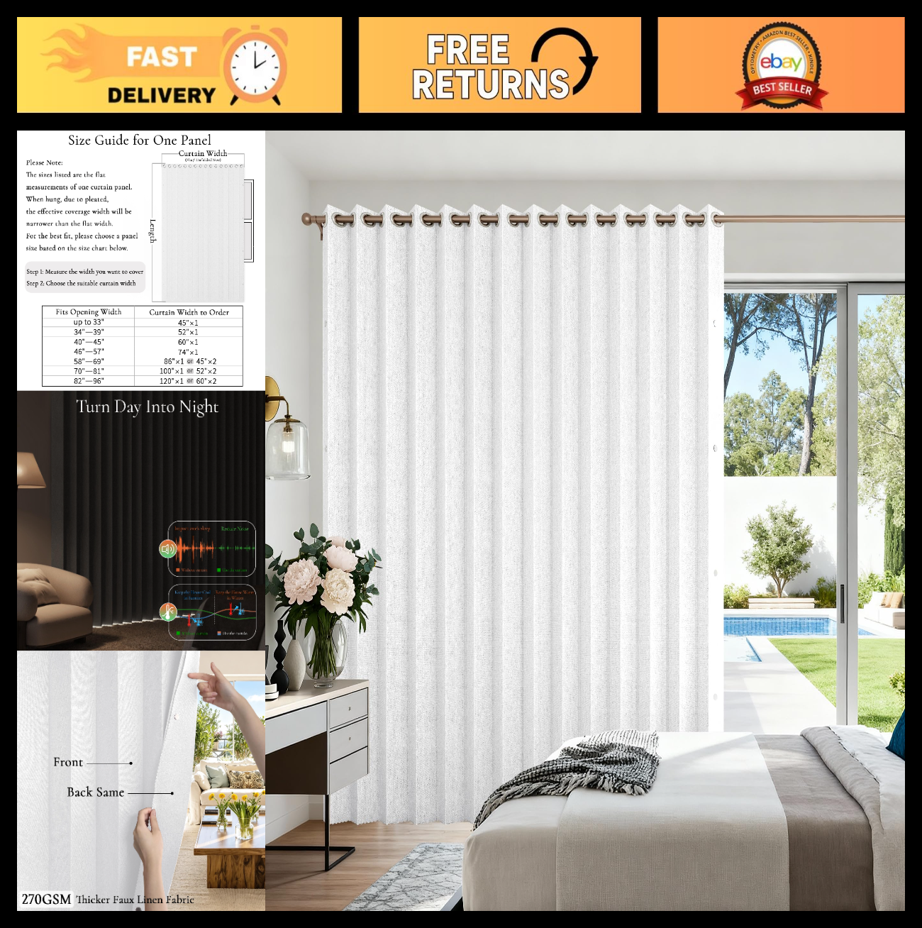 100% Blackout Faux Linen Vertical Shades for Sliding Doors, 1 Panel W100 x L96,0