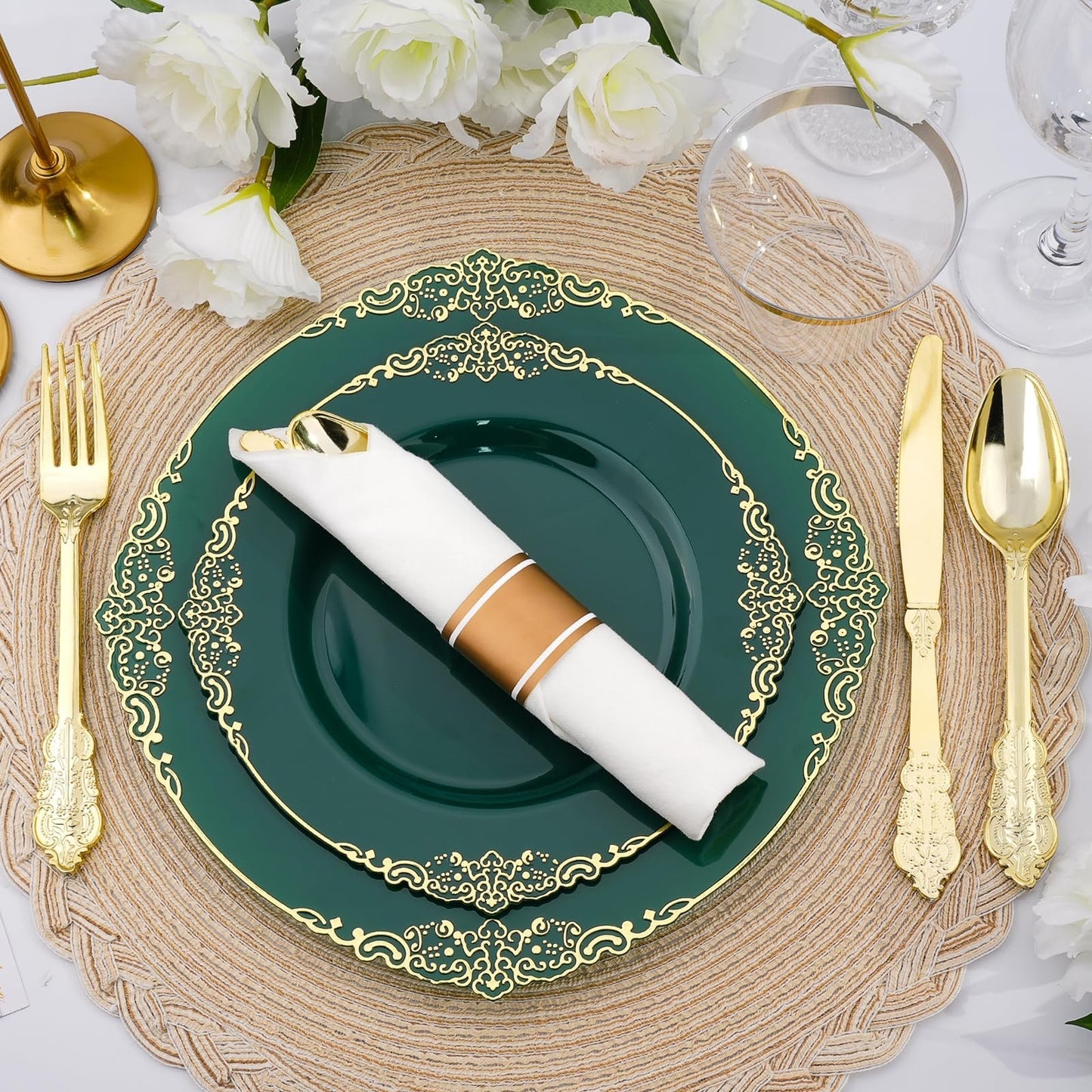350-Piece Green & Gold Disposable Dinnerware Set for 50 Guests | Plates, Silverw5