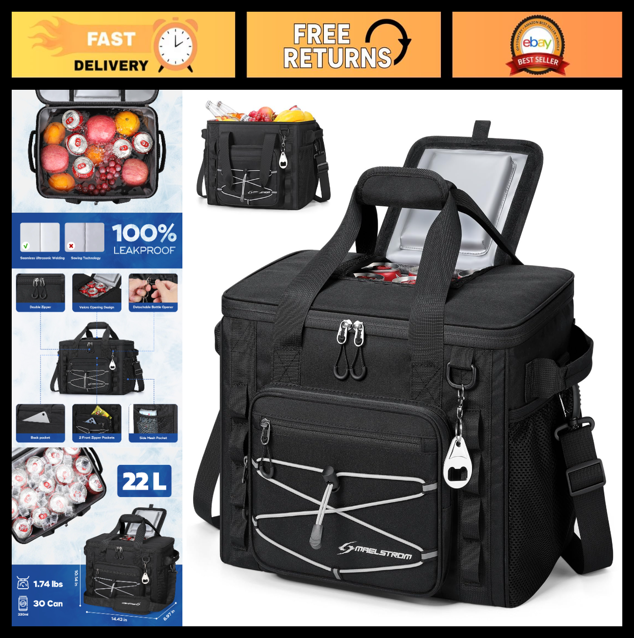 Insulated Soft Cooler Bag - 30/40 Can, Leakproof Ice Chest, 24h Cold, Lightweigh0