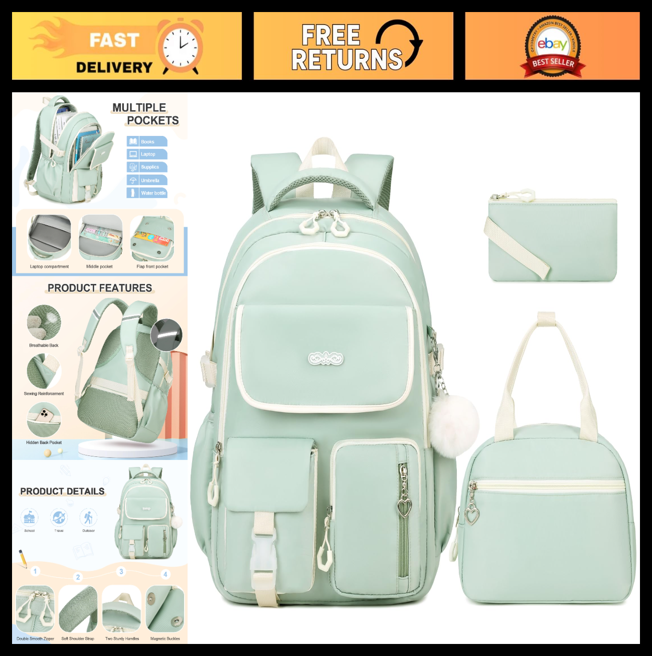 3PCS Girls School Backpack Set with Lunch Box & Pencil Pouch   Stylish & Durable0