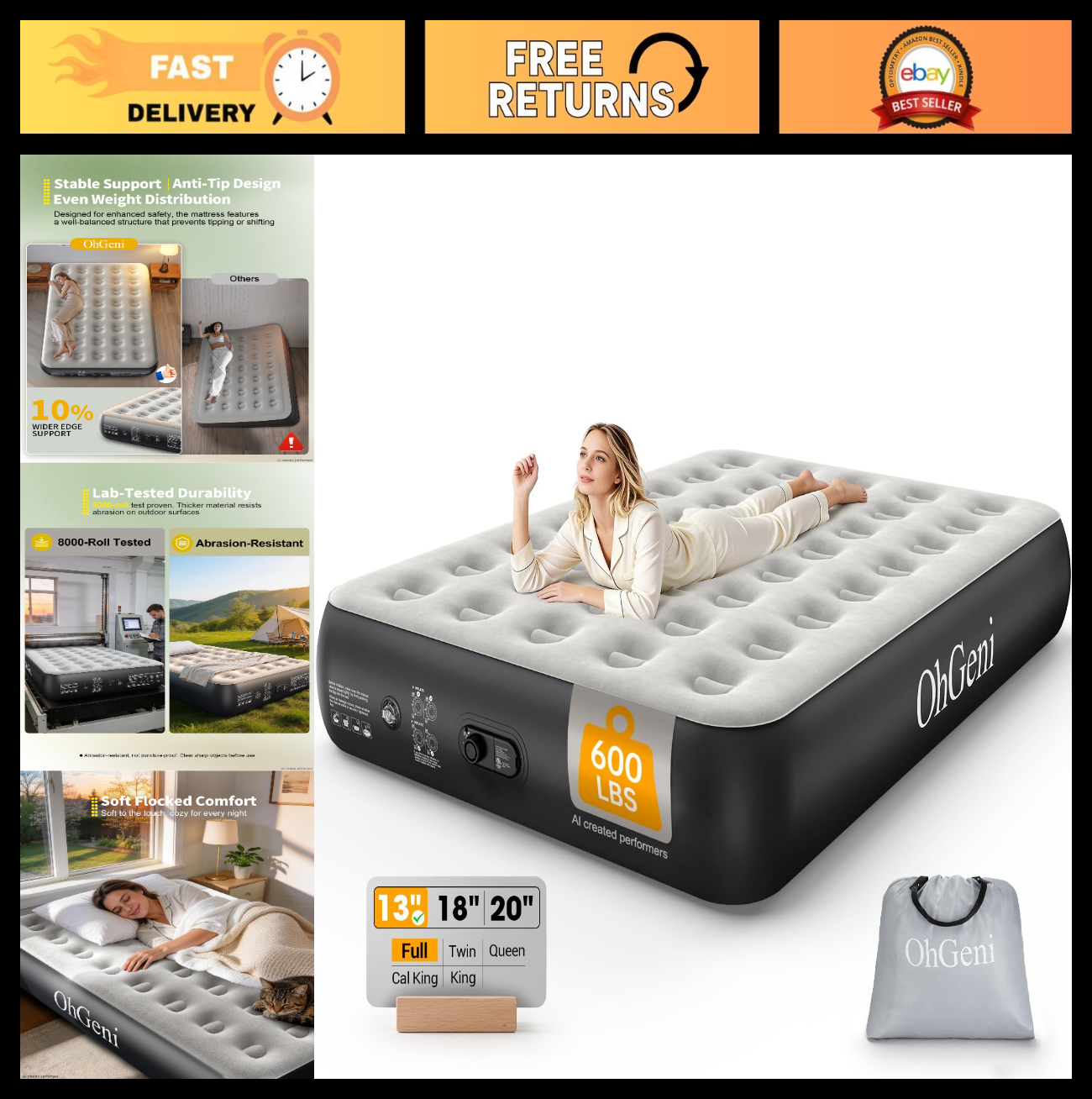 13" Raised Air Mattress with Built in Pump, Inflatable Bed for Home & Camping, 60