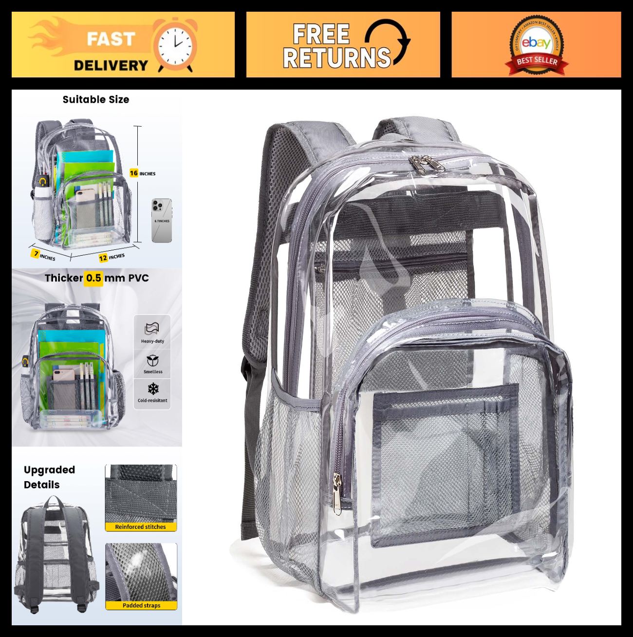 Clear PVC Backpack Heavy Duty Transparent Bag with Reinforced Straps - Large Cap0