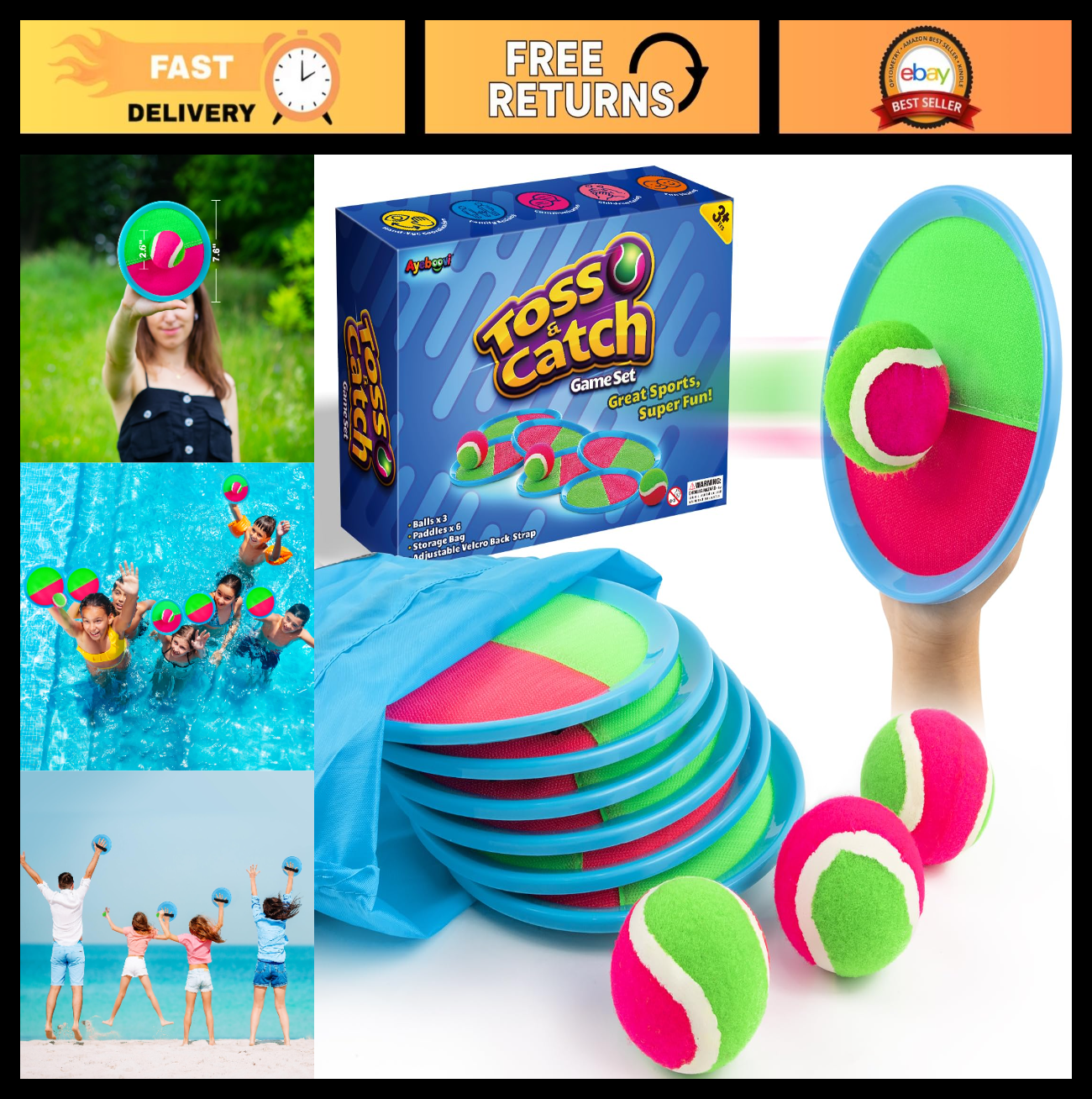 Sticky Toss and Catch Ball Game for Kids   6 Paddles & 3 Balls Fun Outdoor Toy0