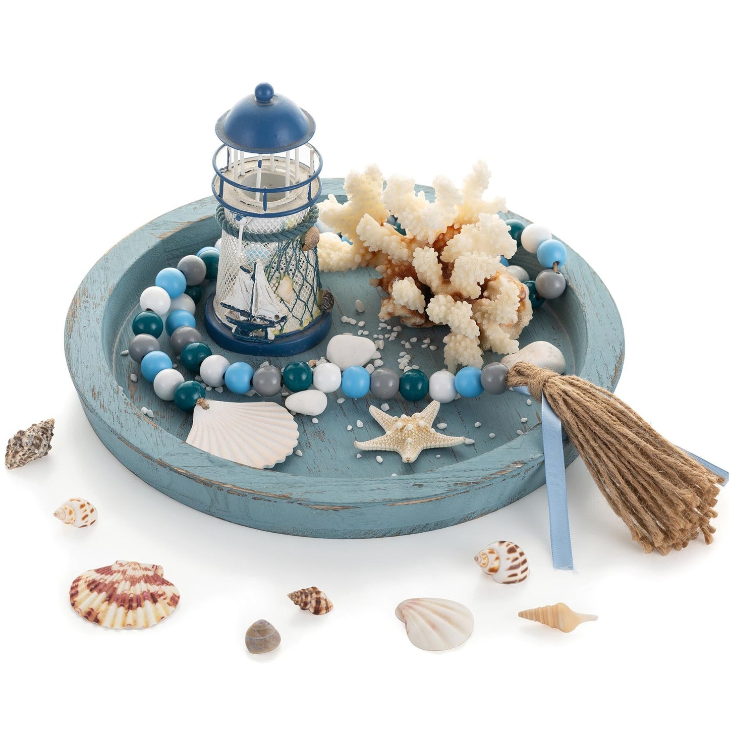 Coastal Farmhouse Decorative Tray - Round Wooden Ocean Style Centerpiece for Bea1