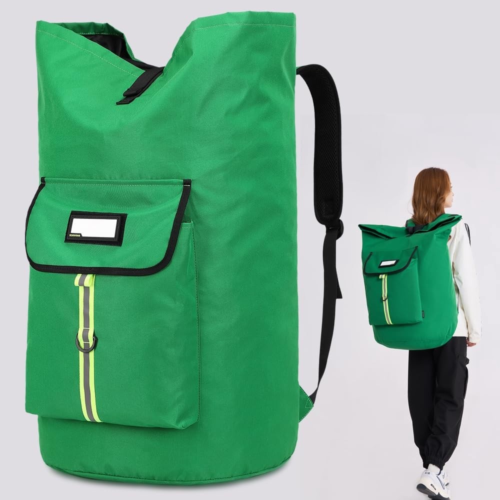 Extra-Large Heavy Duty Laundry Backpack Bag with Drawstring Closure - Grass Gree6