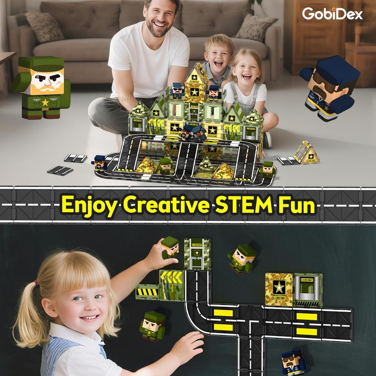 100PCS Magnetic Building Tiles Set - STEM Educational Toy with Army Figures for2