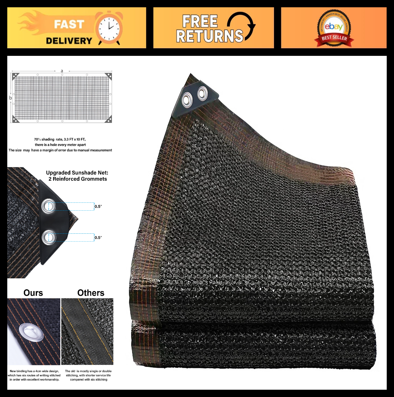 70% Black Shade Cloth 3.3x10 FT Garden Mesh Tarp for Plants, Sunshade Cover, Gro0