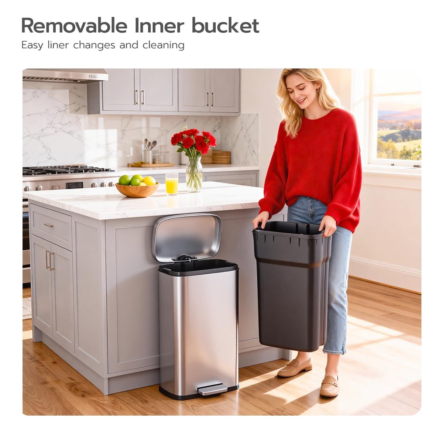 8 Gallon Stainless Steel Trash Can with Lid - Removable Inner Bucket, Foot Pedal4