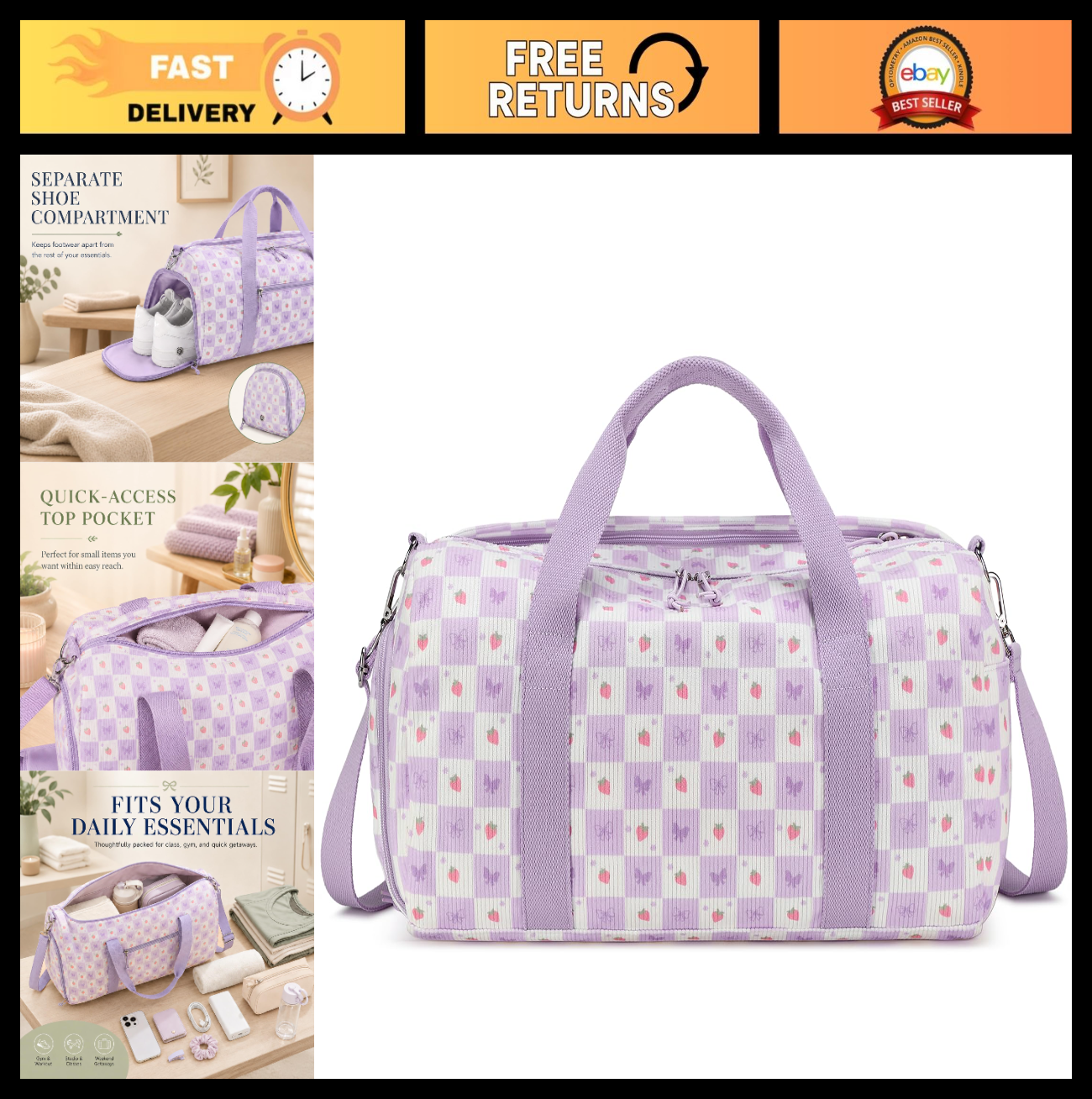 Cute Girls Duffle Bag - Waterproof Gym Bag with Shoe Compartment & Wet Pocket, T0