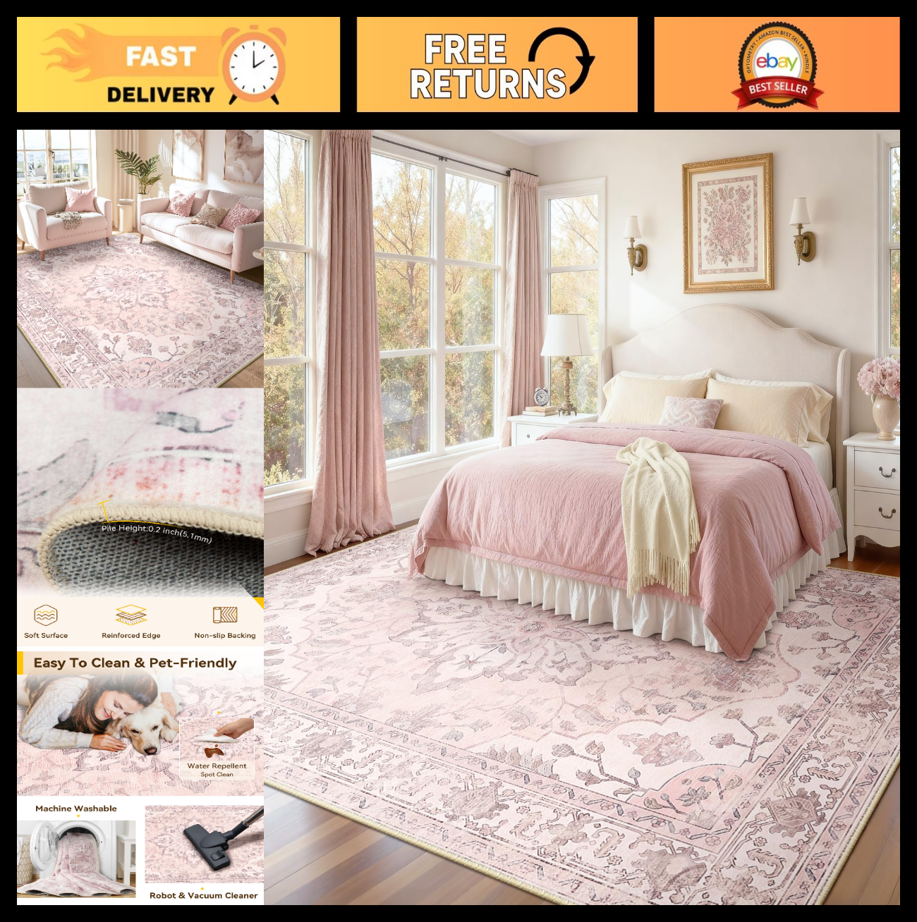 Washable 8'x10' Area Rug   Pink Vintage Floral, Non Slip, Pet Friendly, Easy Cle0