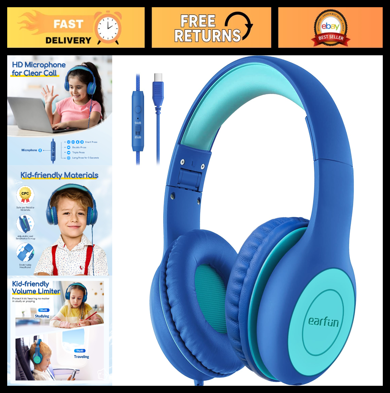 Wired Kids Headphones with Mic, USB Type C, 85dB Volume Limit, Foldable Stereo S0