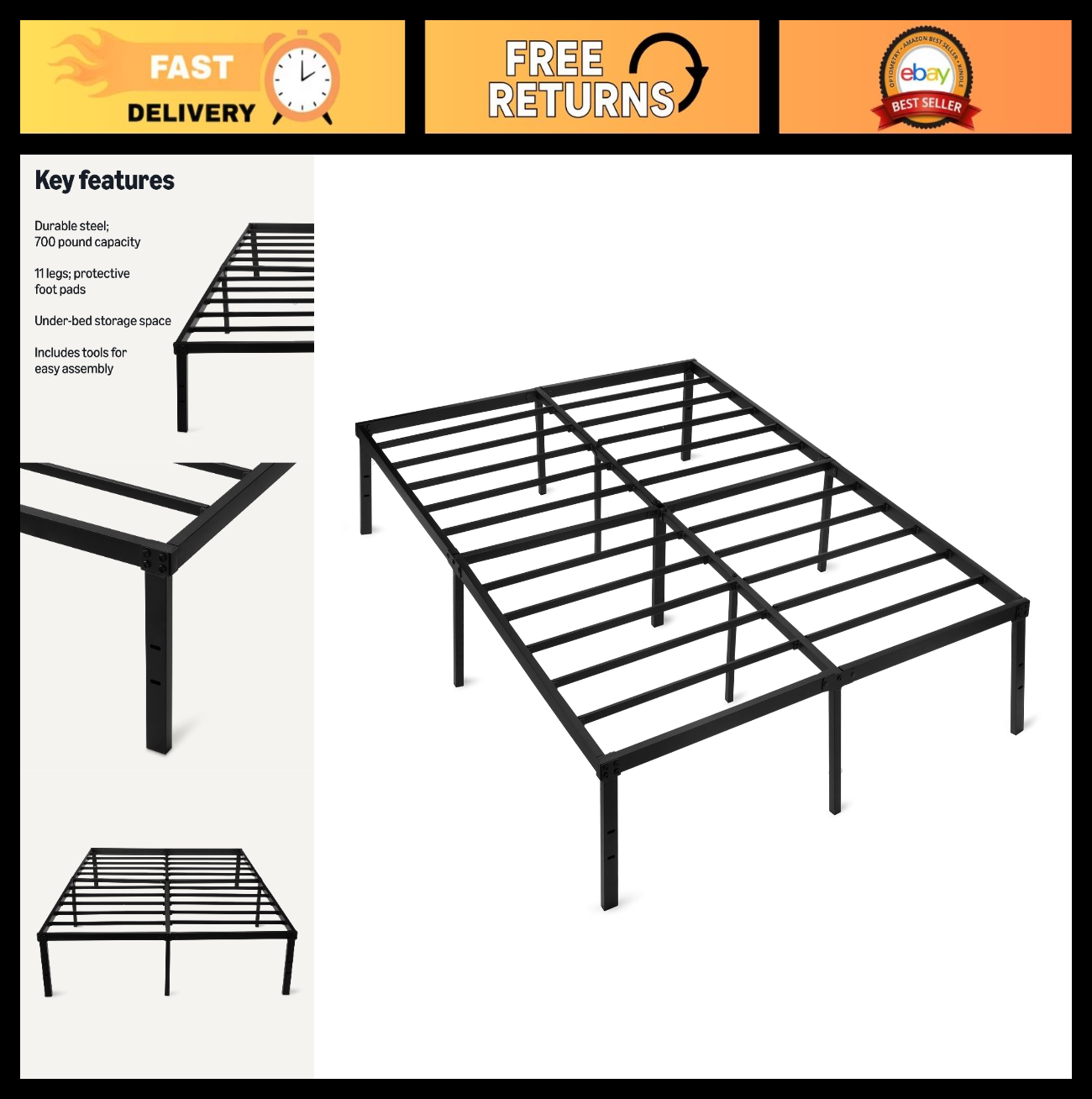 Metal Bed Frame, Non Foldable Platform Bed, Easy Assembly, Full Size, Black 54"x0