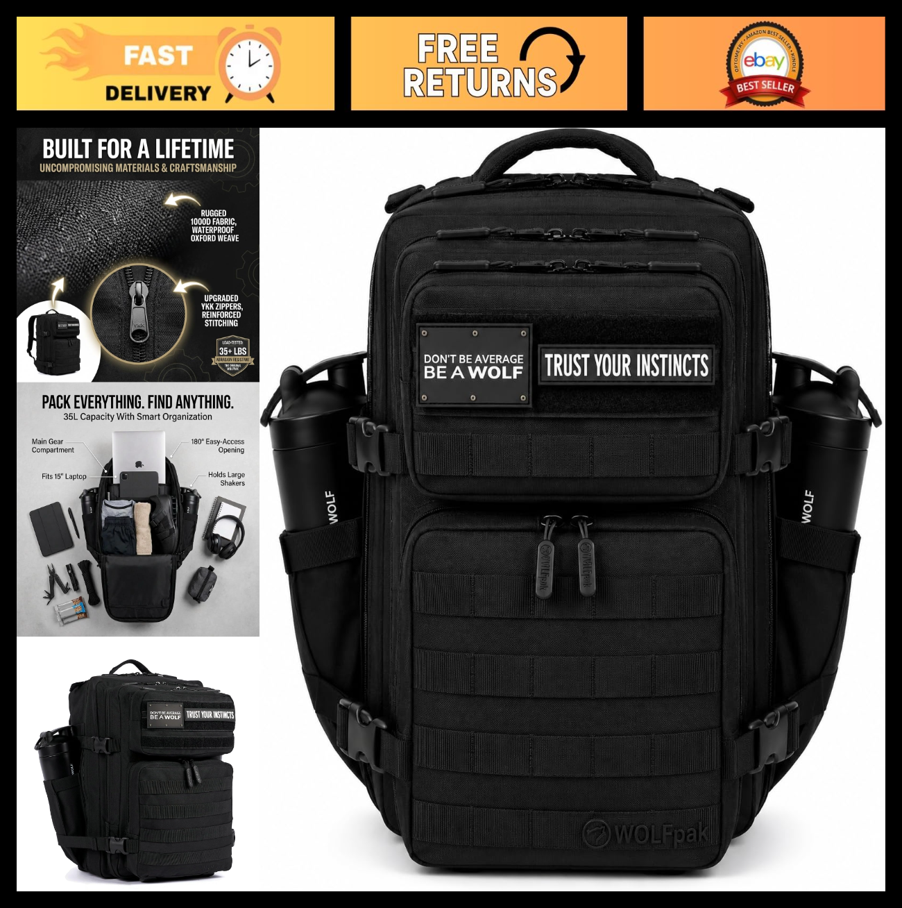 Durable 35L Waterproof Gym Backpack   1000D Oxford, MOLLE Webbing, Laptop Pocket0