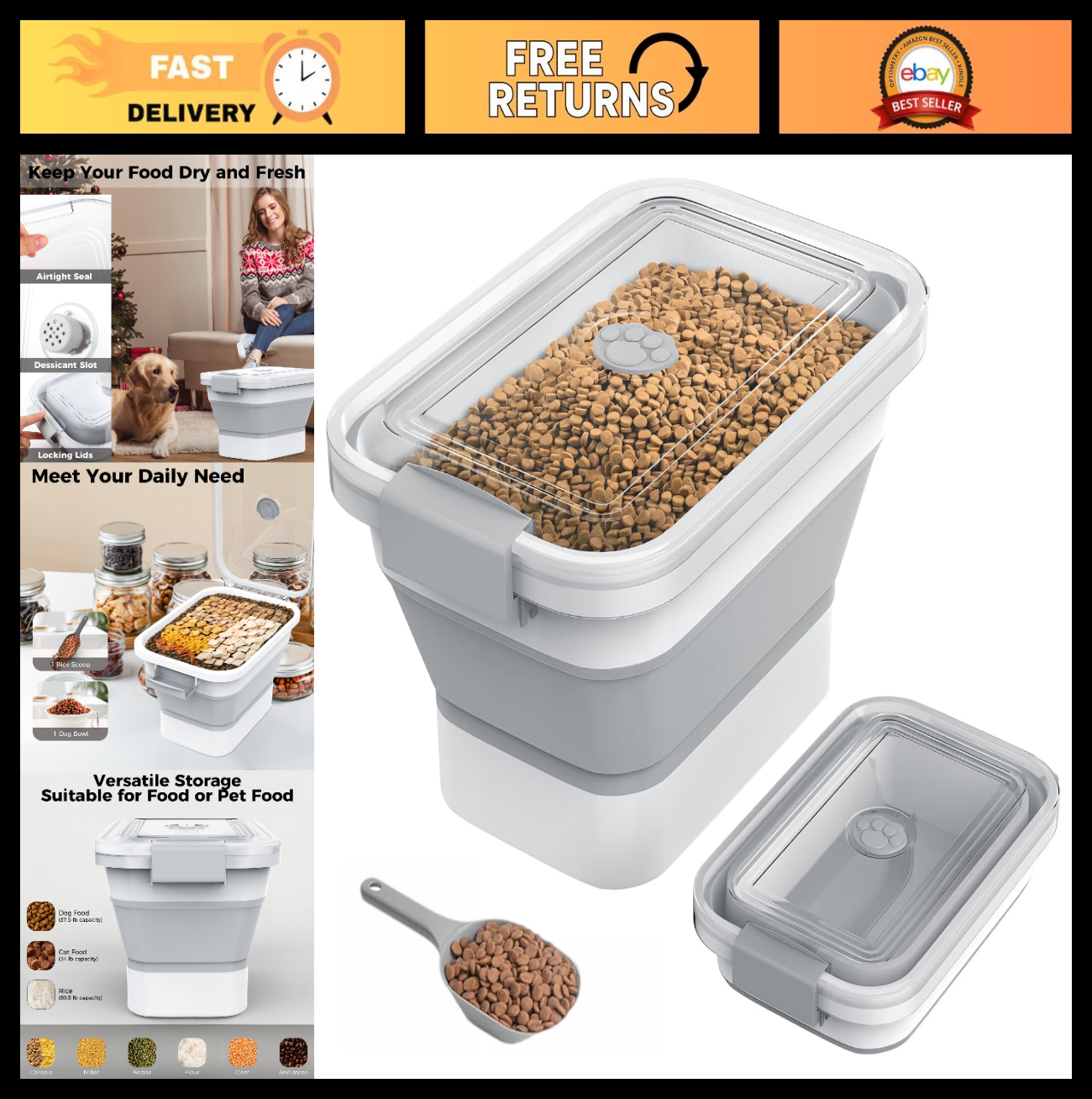 Airtight Dog Food Storage Container 10 13Lbs, Collapsible Pet Food Bin, Easy Sea0