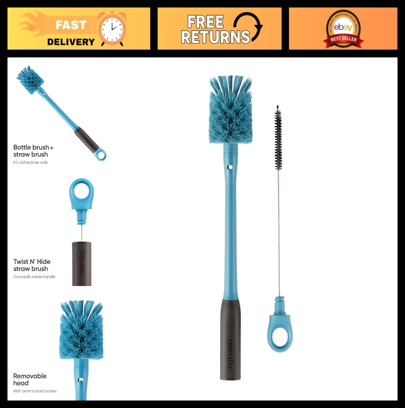 2 in 1 Water Bottle Brush Cleaner & Straw Cleaner, Removable Head, Smokey Blue0