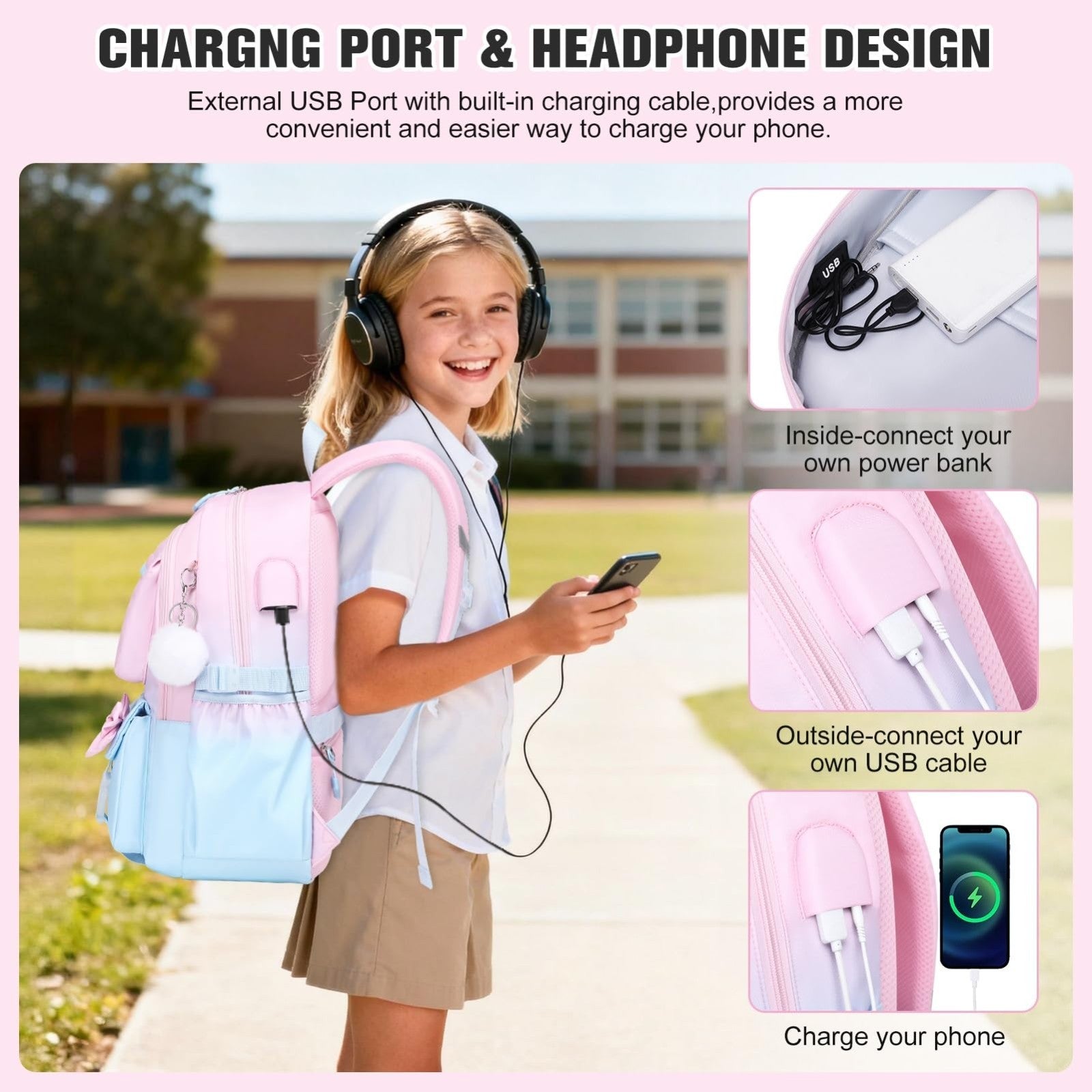 Cute Bow Backpack for Girls   School Bag with Lunch Bag & Pen Case, Stylish & Fu3