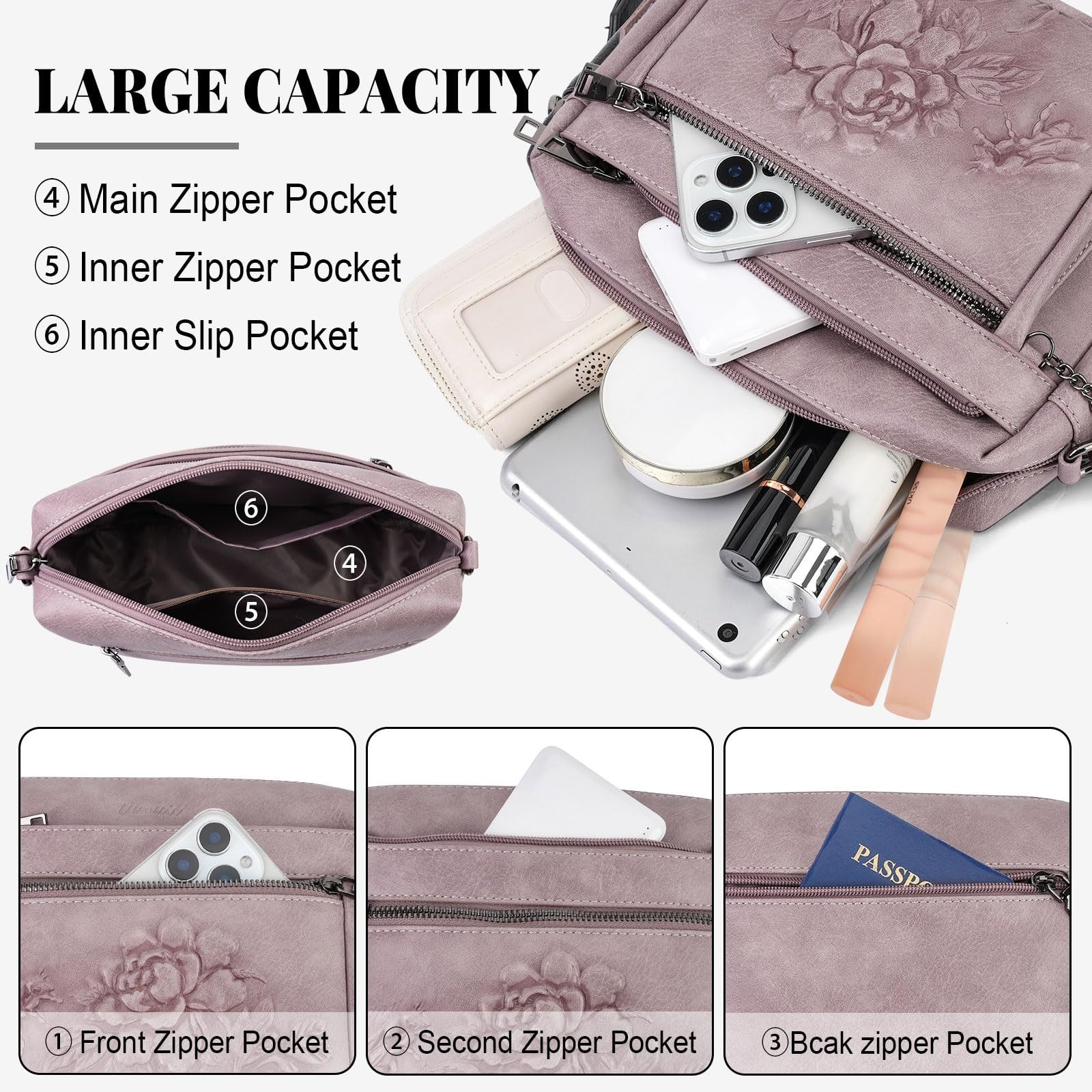 Stylish Vegan Leather Crossbody Bag for Women, Embossed Design, Fashion Purse3