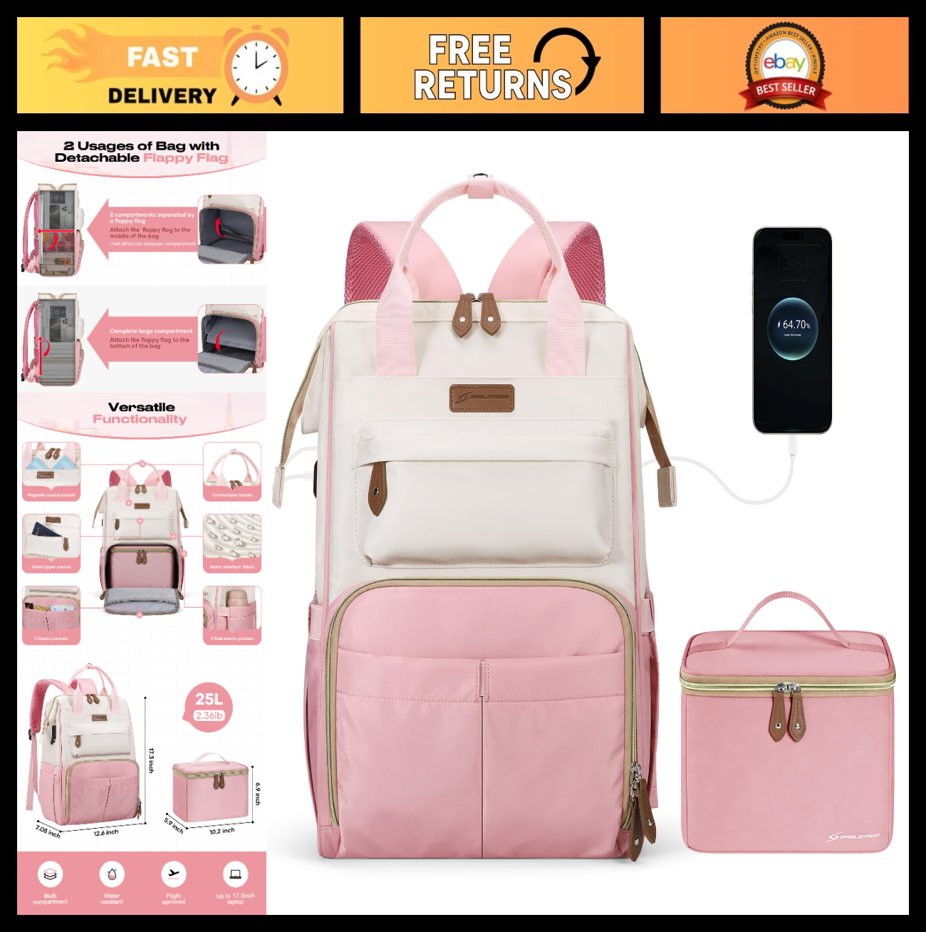 Travel Backpack for Men & Women, Fits 15.6-17.3" Laptop, Insulated Lunch Bag, Pi0