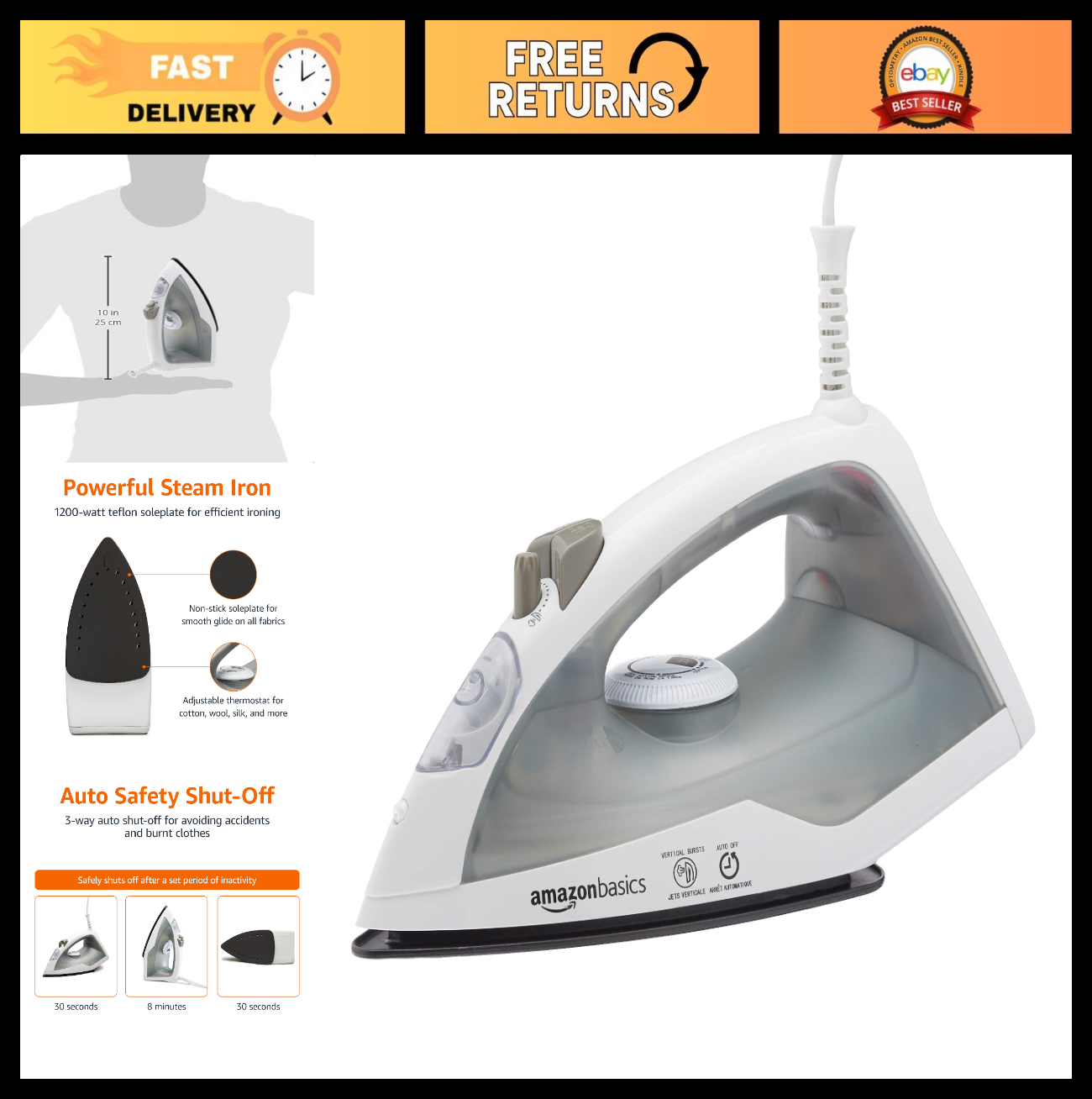 1200W 10” Steam Iron with Non-Stick Soleplate, Auto Shut-Off, Anti-Drip, 6.5Ft C0