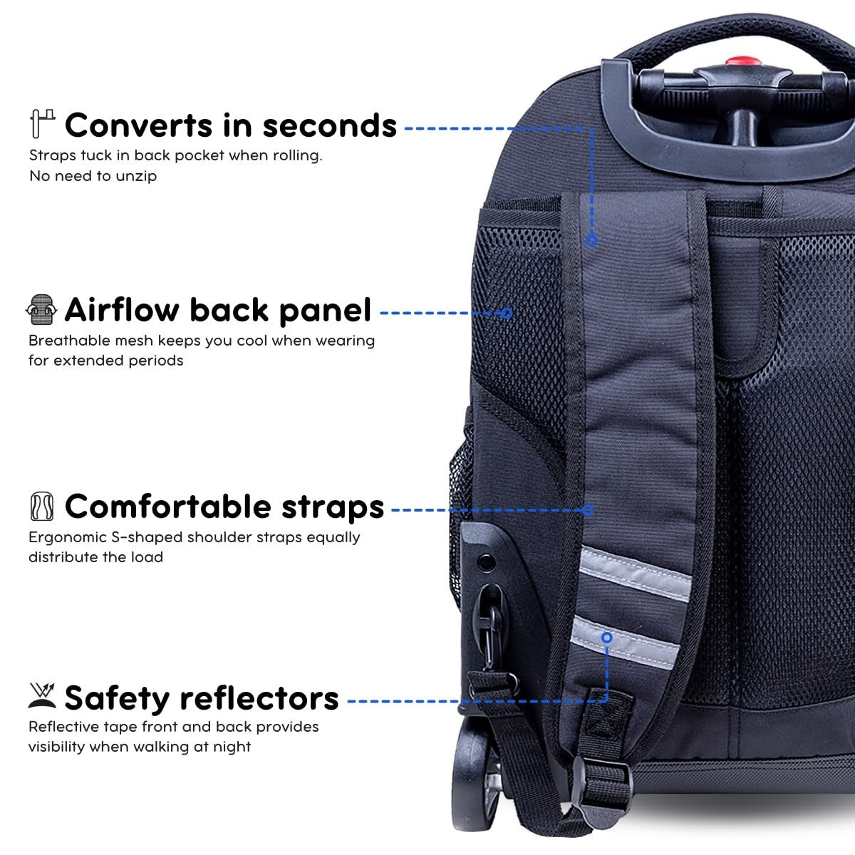 Rolling Backpack for School, Travel & Outdoor   Black, Lightweight & Durable6