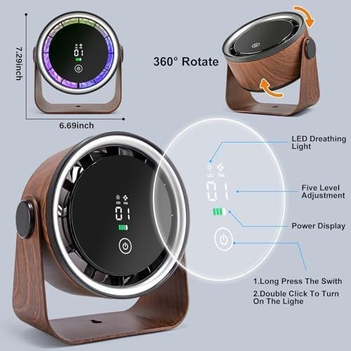 Rechargeable Small Desk Fan 5000mAh   Retro Portable 5 Speed, Low Noise, 360° Ro4