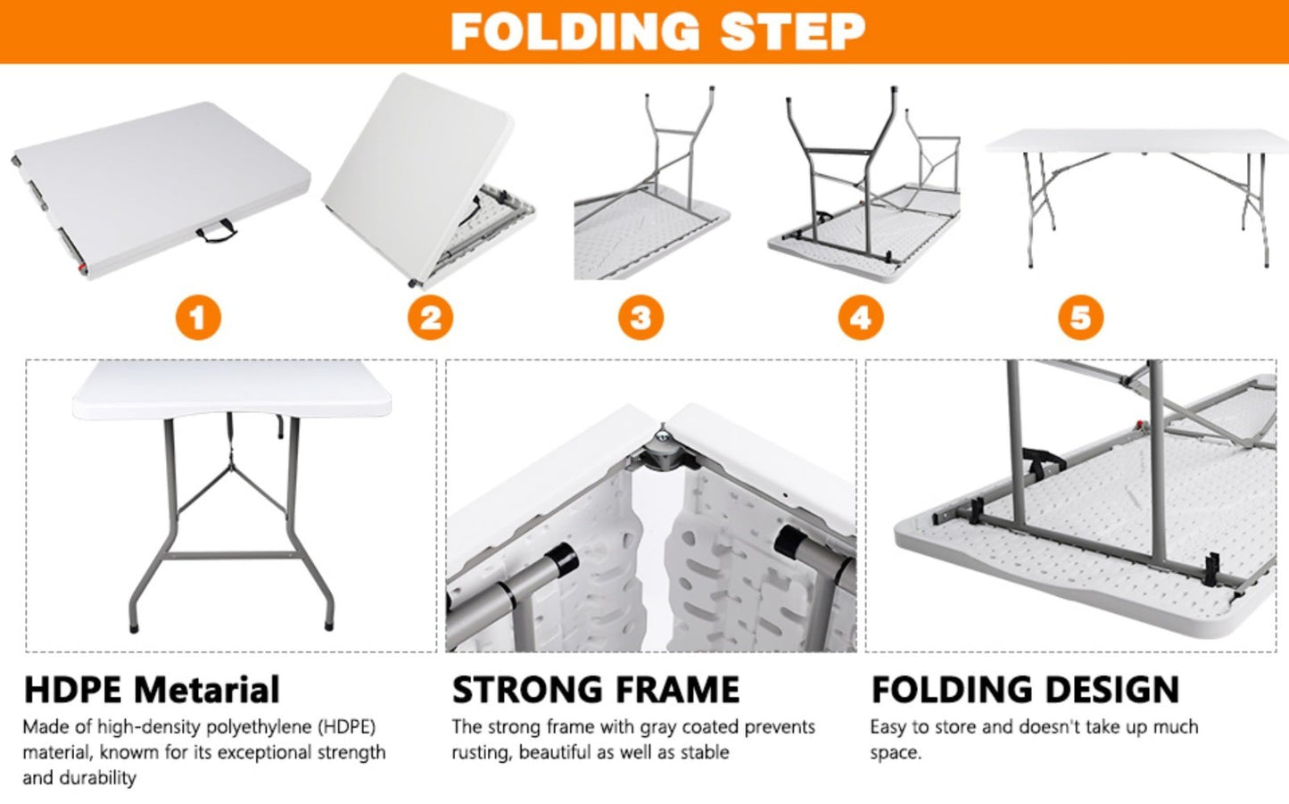 6ft Folding Table with Handle - Heavy Duty Portable for Indoor/Outdoor Events, B4