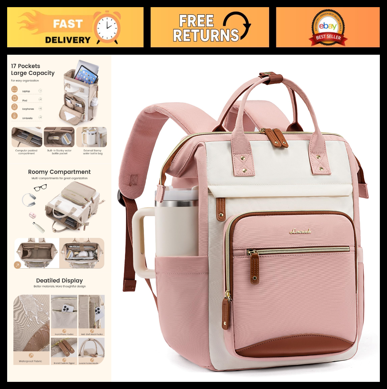 Stylish Waterproof Laptop Backpack for Women, 15.6" Large Capacity Work Bag, Cup0