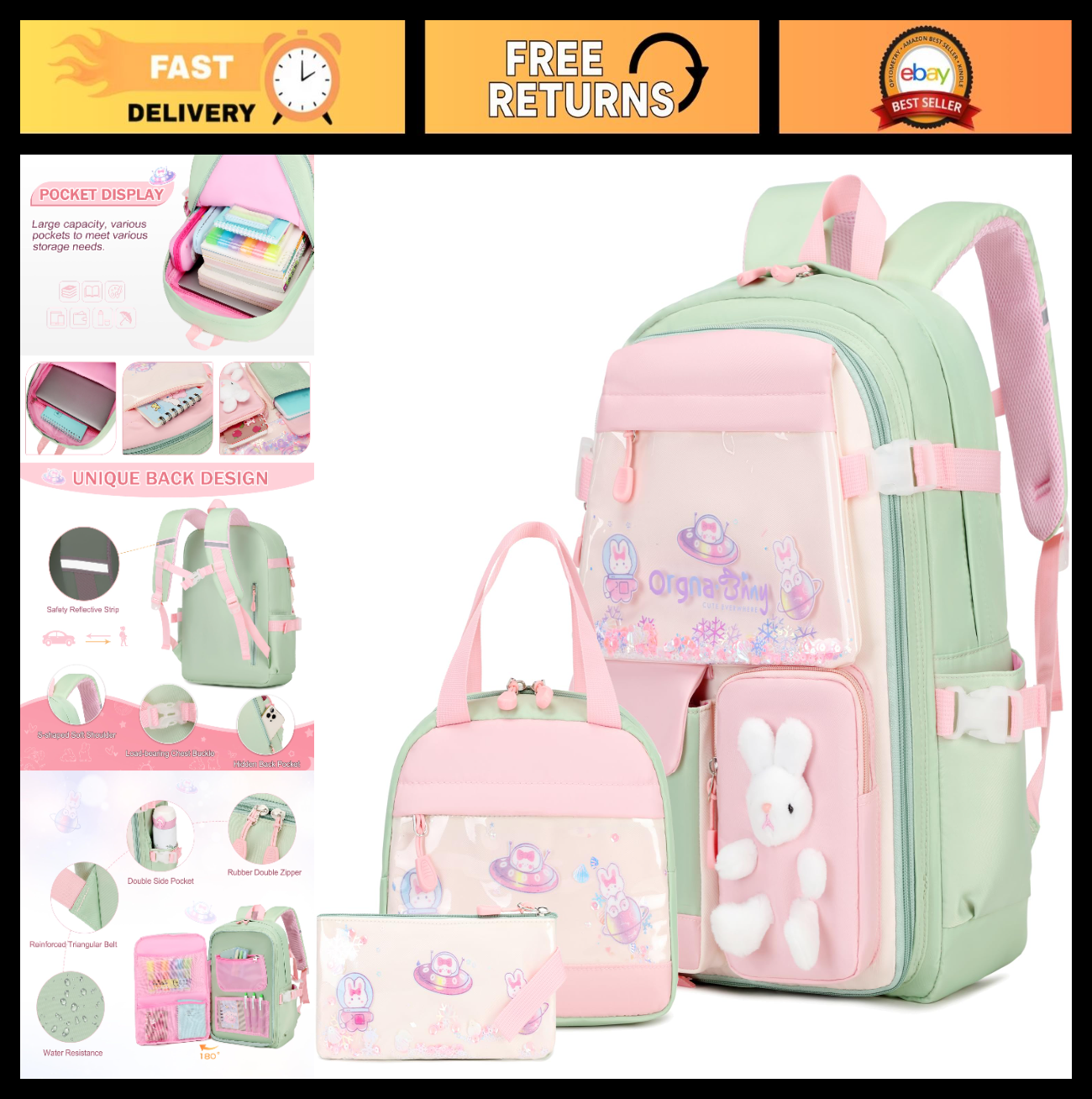 Kawaii Bunny Girls Backpack Set   3PCS School Bag with Lunch Box & Pencil Case  0