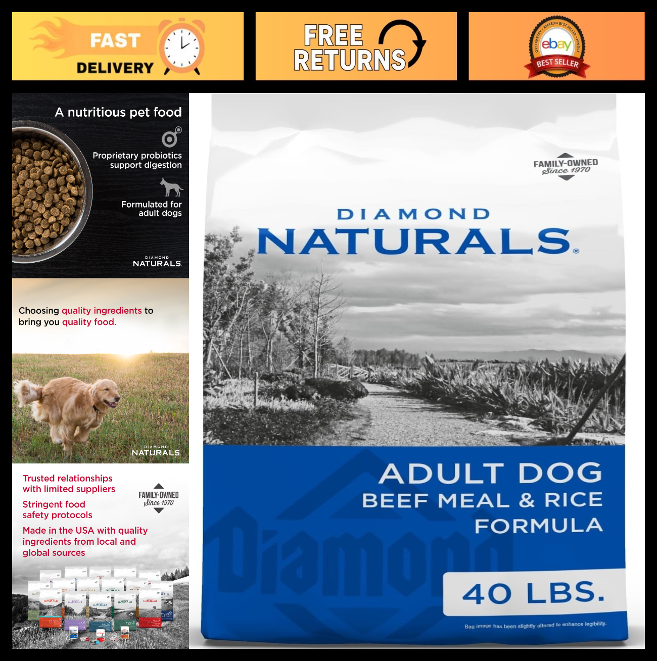 Premium Adult Dry Dog Food   Beef Meal & Rice Formula, 40lb Bag, Grain Free Nutr0