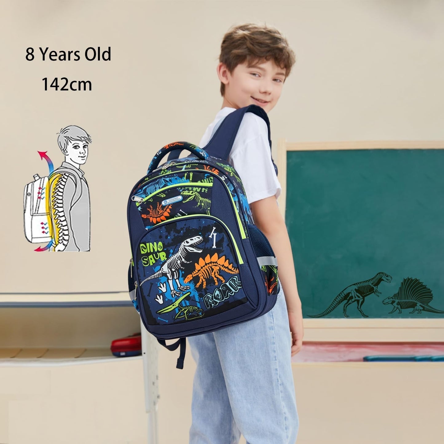 Large Kids Backpack for Boys 8 12, 17in School Bag, Durable Nylon, Dino Design7