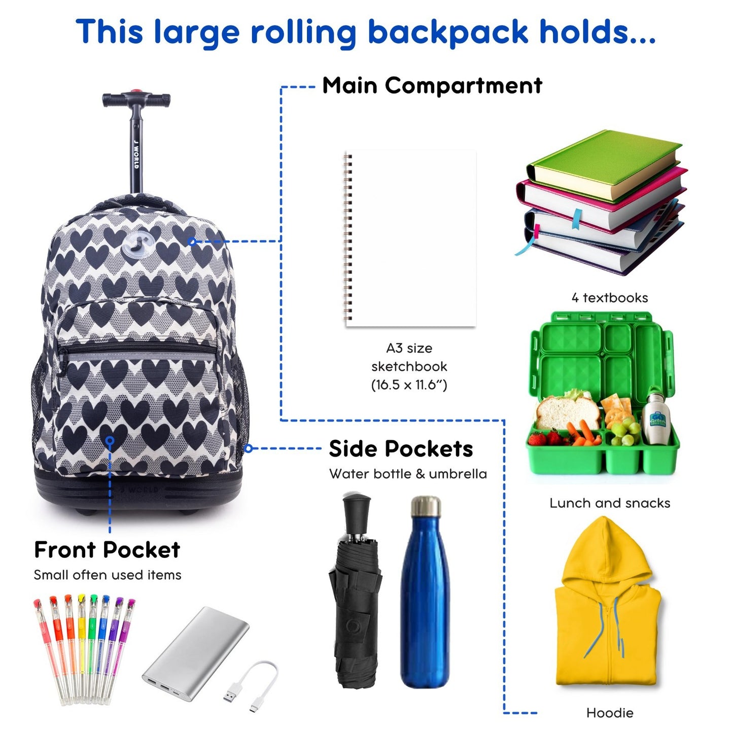 Rolling Backpack with Wheels, Heart Dot Design, Lightweight Travel Bag, School B3