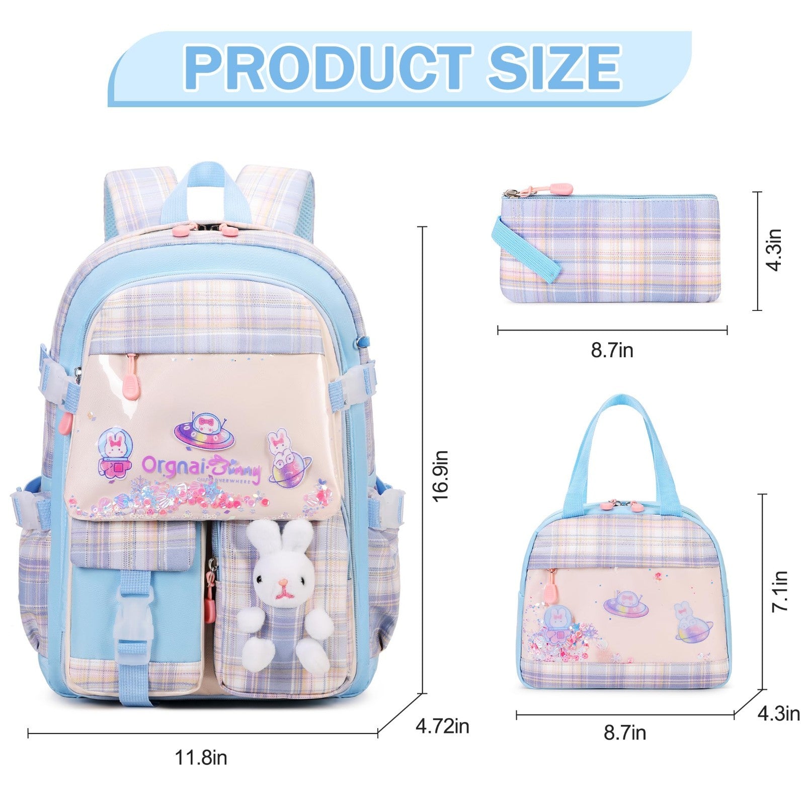 Kawaii Bunny Girls Backpack Set   3PCS School Bag with Lunch Box & Pencil Case,1