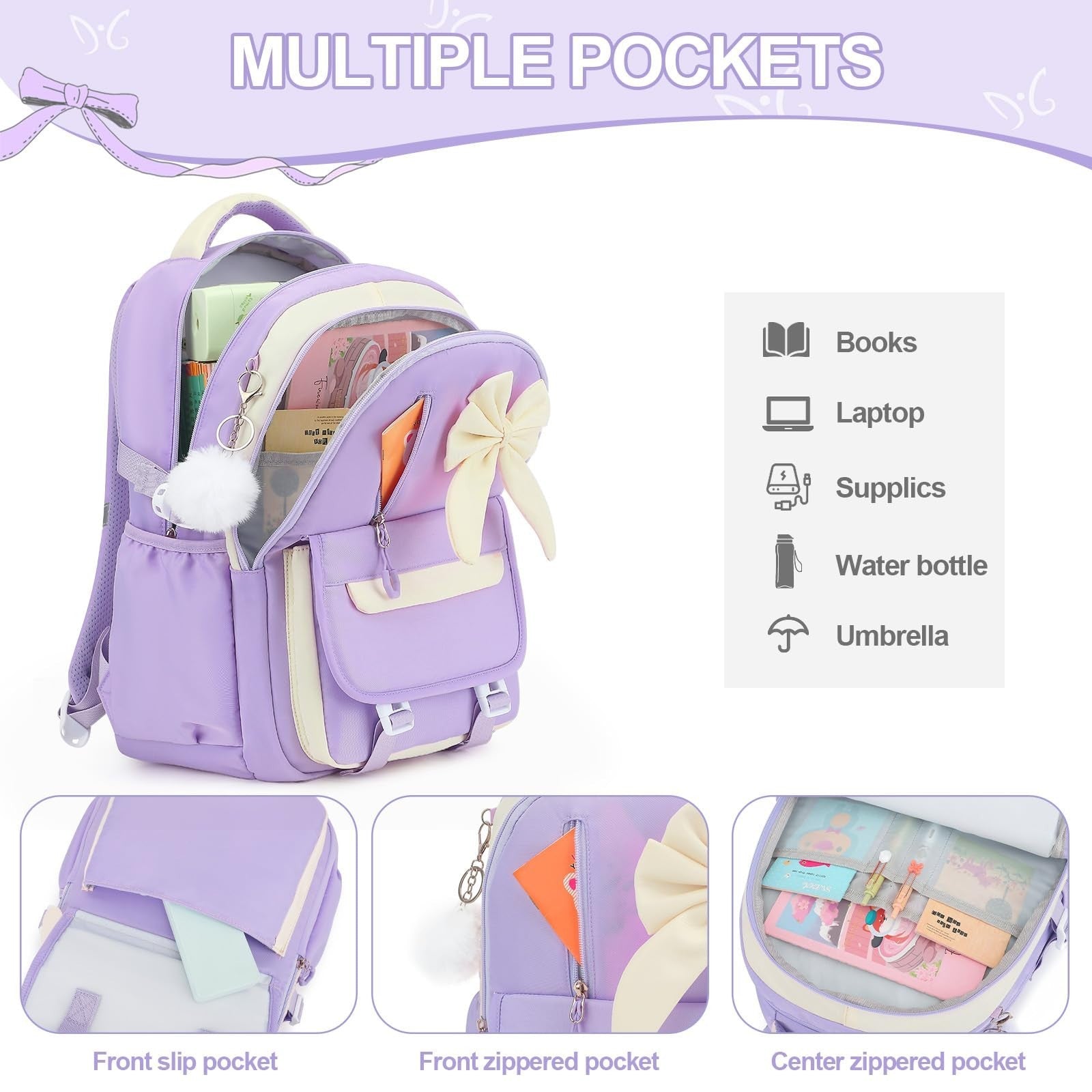 Girls Bow Backpack Set   3PCS with Lunch Bag & Pencil Case, Stylish School Bag3