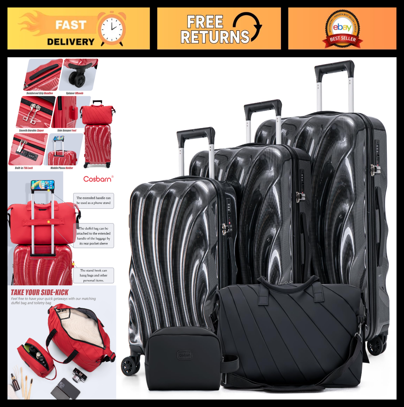5-Piece Hardshell Luggage Set with Wheels, TSA Lock, Phone Holder, Durable Trave0