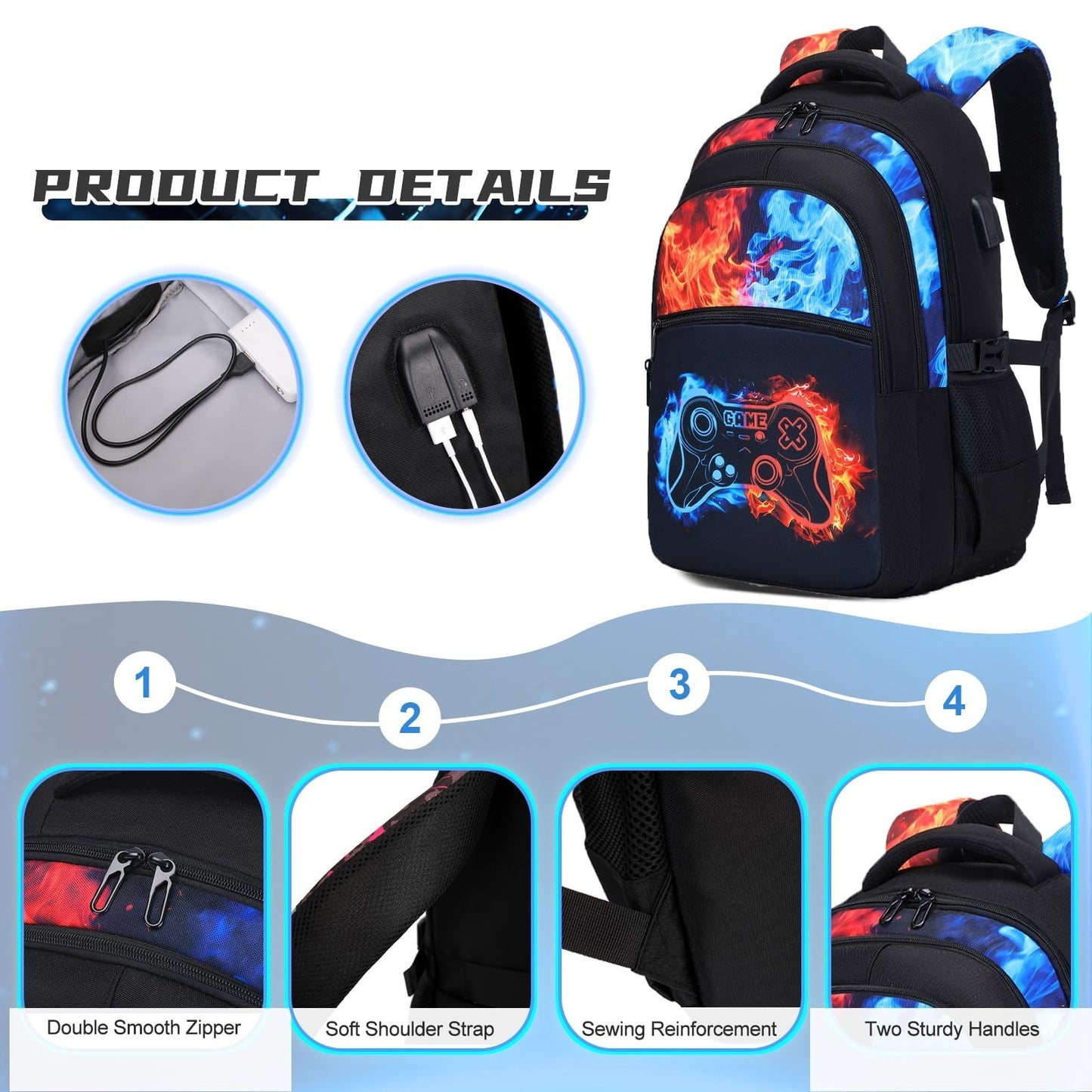 Cool Luminous Gamer Boys Backpack Set   6PCS with Lunch Bag & Pencil Case, Schoo2