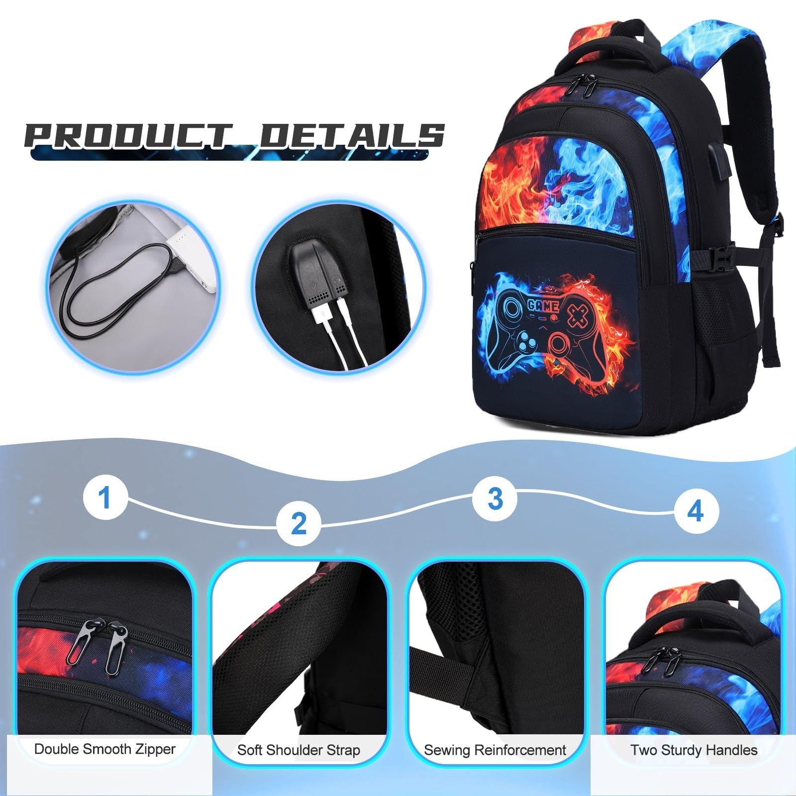 Cool Luminous Gamer Boys Backpack Set   6PCS with Lunch Bag & Pencil Case, Schoo2