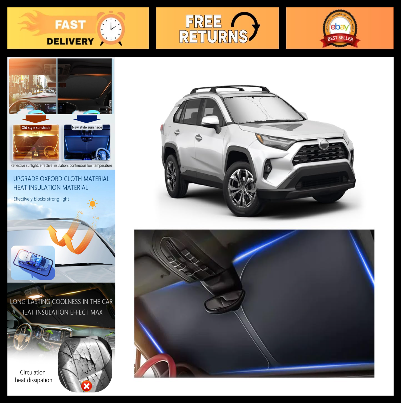 Foldable Car Windshield Sun Shade for 2019-2025 RAV4, Oxford Cloth Heat Blocker0