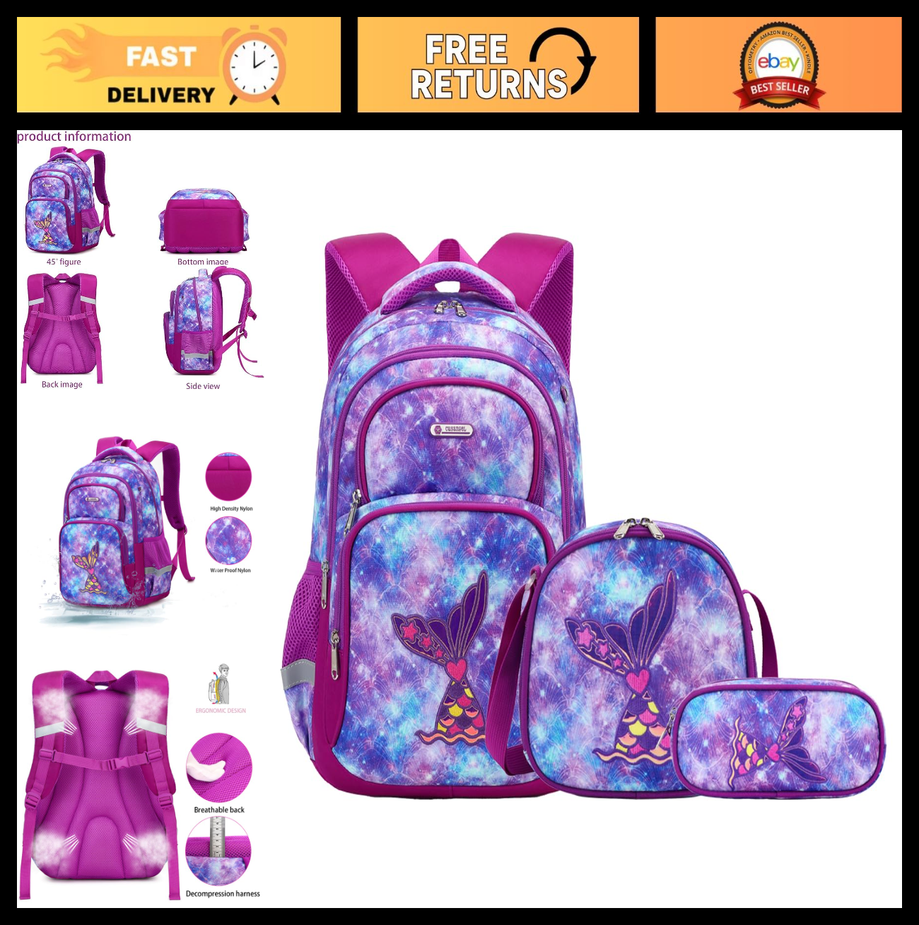 Purple Mermaid 3pcs Set   Multi Compartment Backpack, Lunch Box & Pencil Case, 10