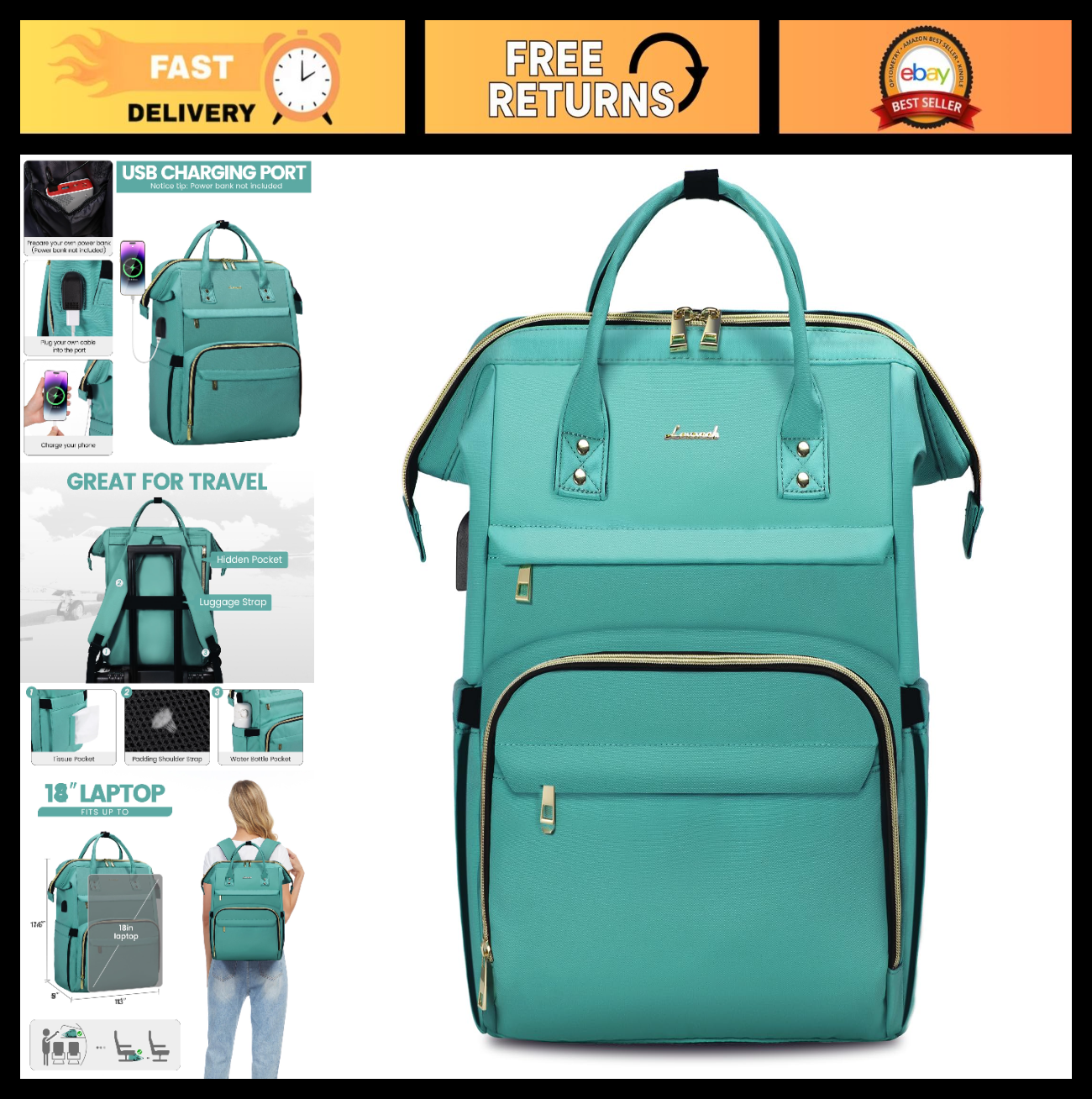 Stylish 18" Laptop Backpack for Women, Waterproof Travel Bag with USB Port, Mint0