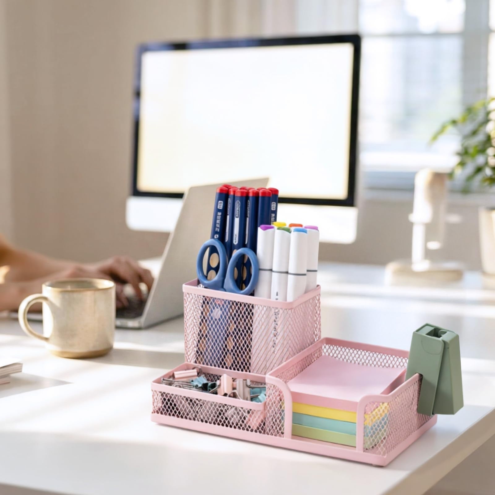 Pink Mesh Pen Holder   3 Compartment Desk Organizer with Sticky Notes Holder, Me2