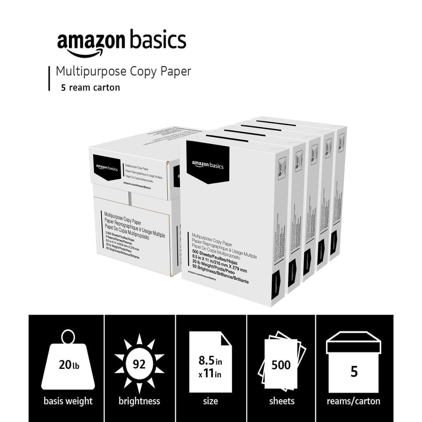 Multipurpose Copy Printer Paper 20 lb, 8.5x11", 2500 Sheets, 92 Bright White, 53