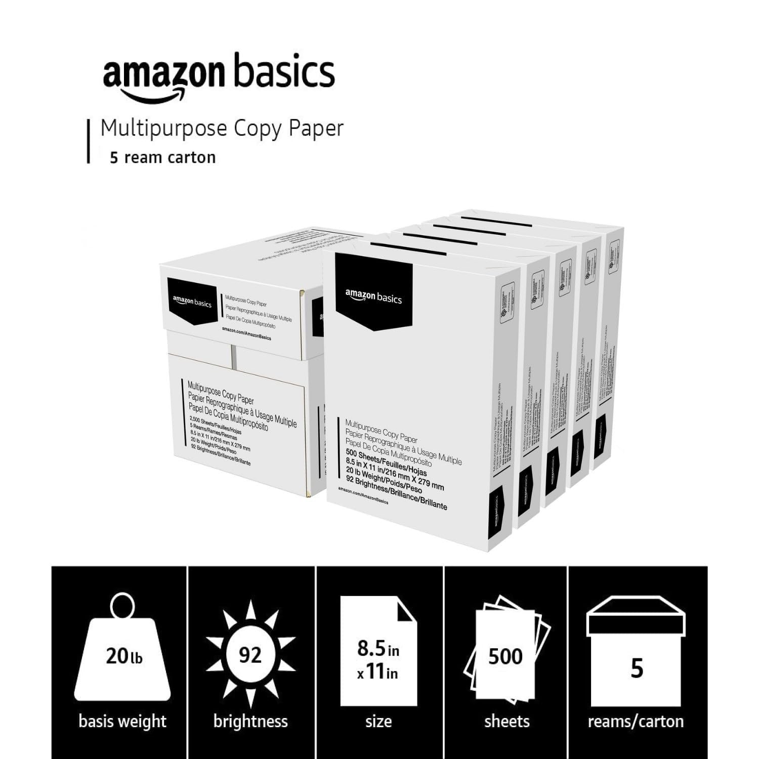 Multipurpose Copy Printer Paper 20 lb, 8.5x11", 2500 Sheets, 92 Bright White, 53